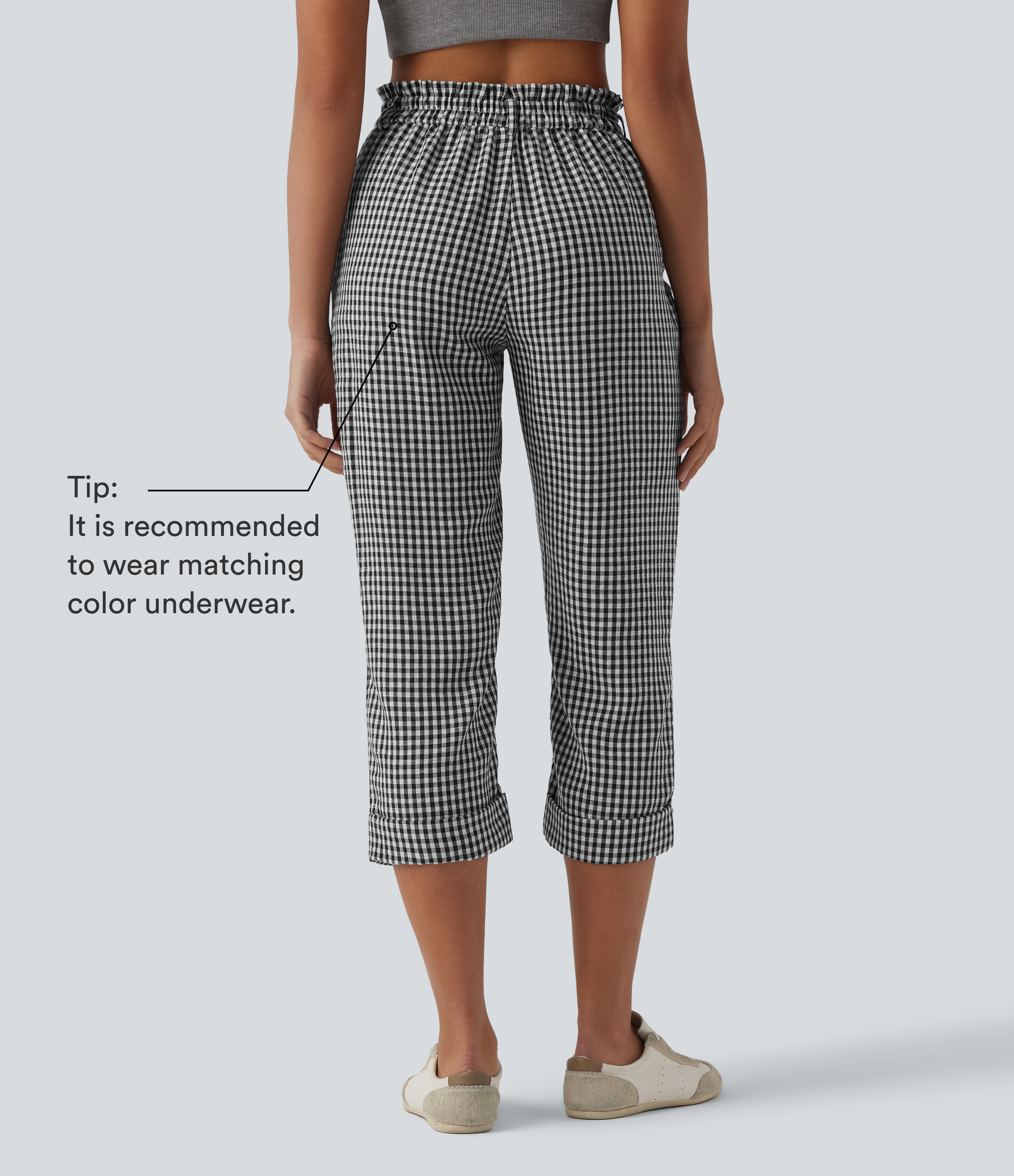 Classic Mono High Waisted Cropped Plaid Casual Linen-Feel Trousers with Pockets / 2