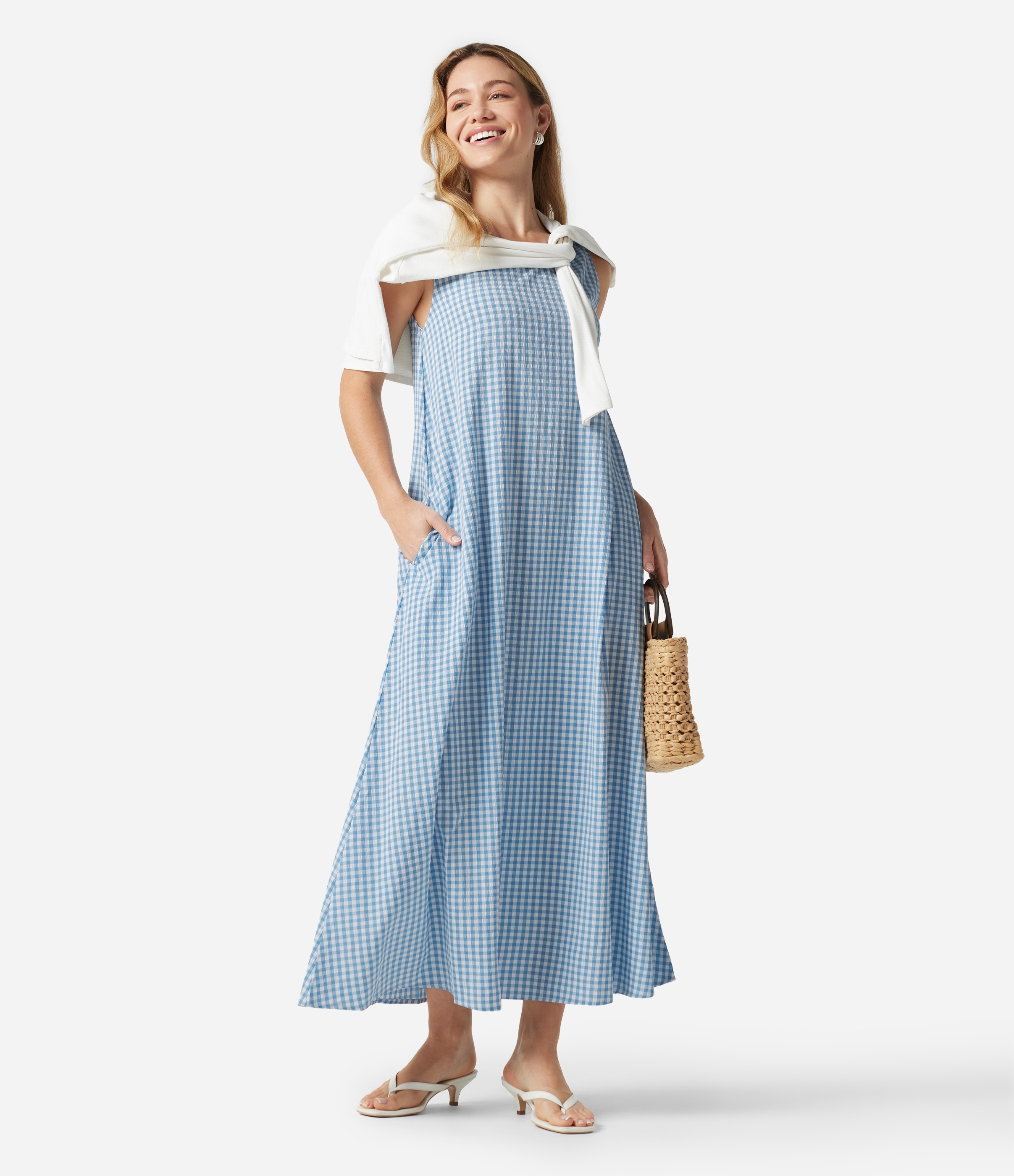 Round Neck Sleeveless Midi Crinkle Gingham Casual Tank Dress with Pockets