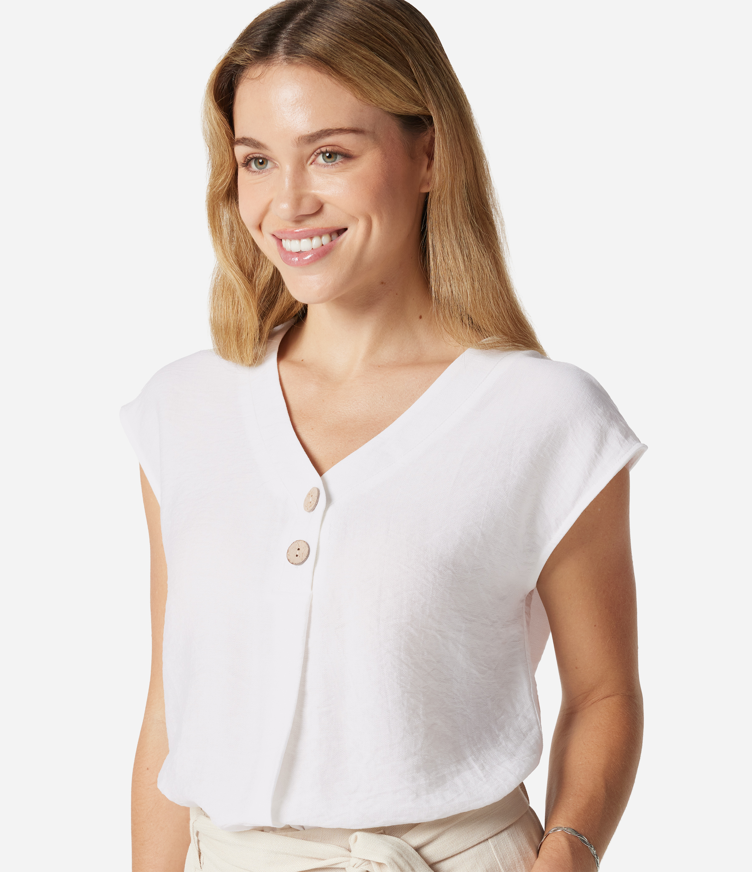 V Neck Cap Sleeve Decorative Work Blouse