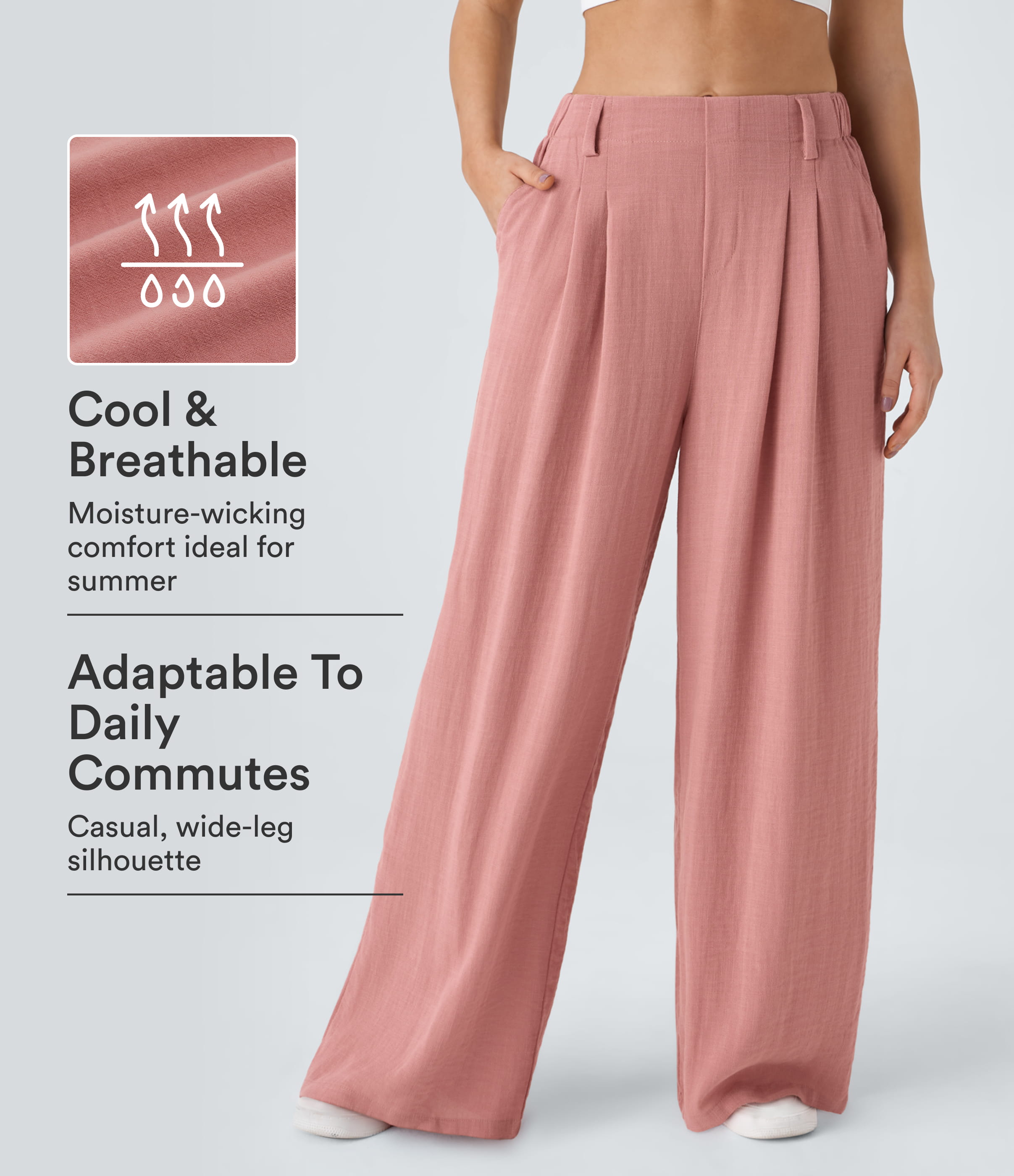 High Waisted Pocket Wide Leg Flowy Solid Palazzo Casual Linen-Feel Trousers
