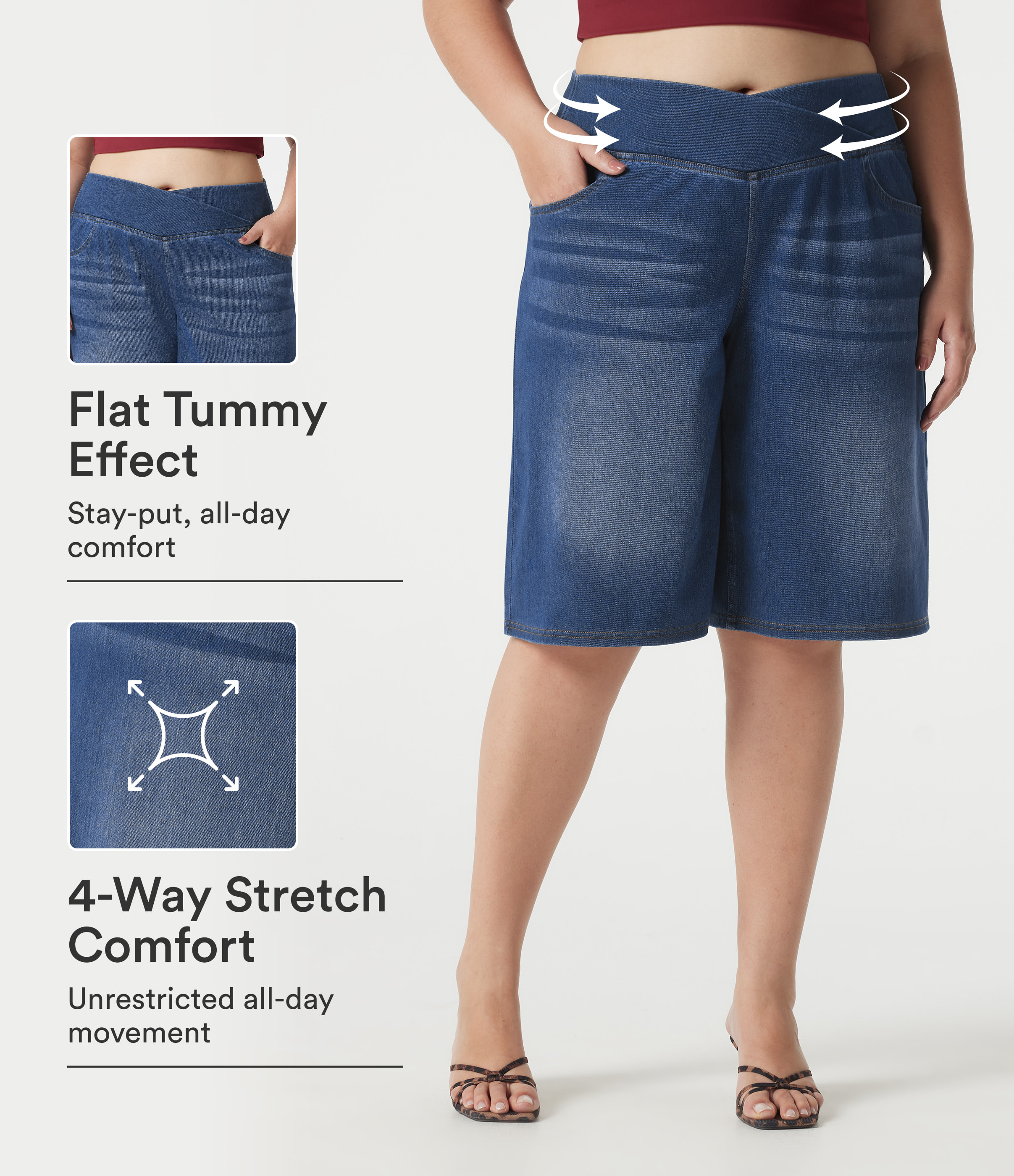 Halara Flex™ Denim Crossover-Shorts in Übergröße – hohe Taille, bauchformend, lässige Baggy-Shorts mit Taschen