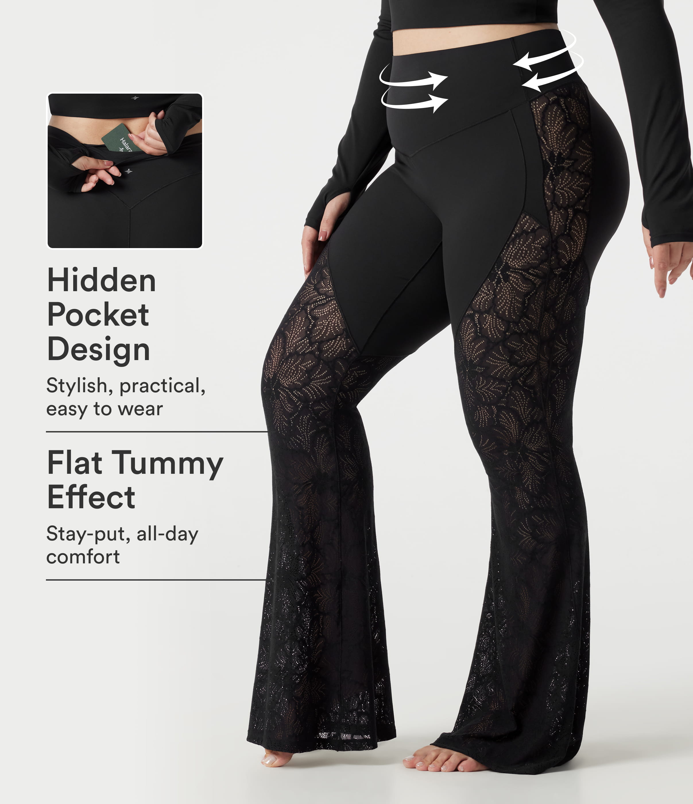 Halara UltraSculpt™ Plus Size High Waisted Tummy Control Contrast Lace Yoga Flare Leggings with Pocket