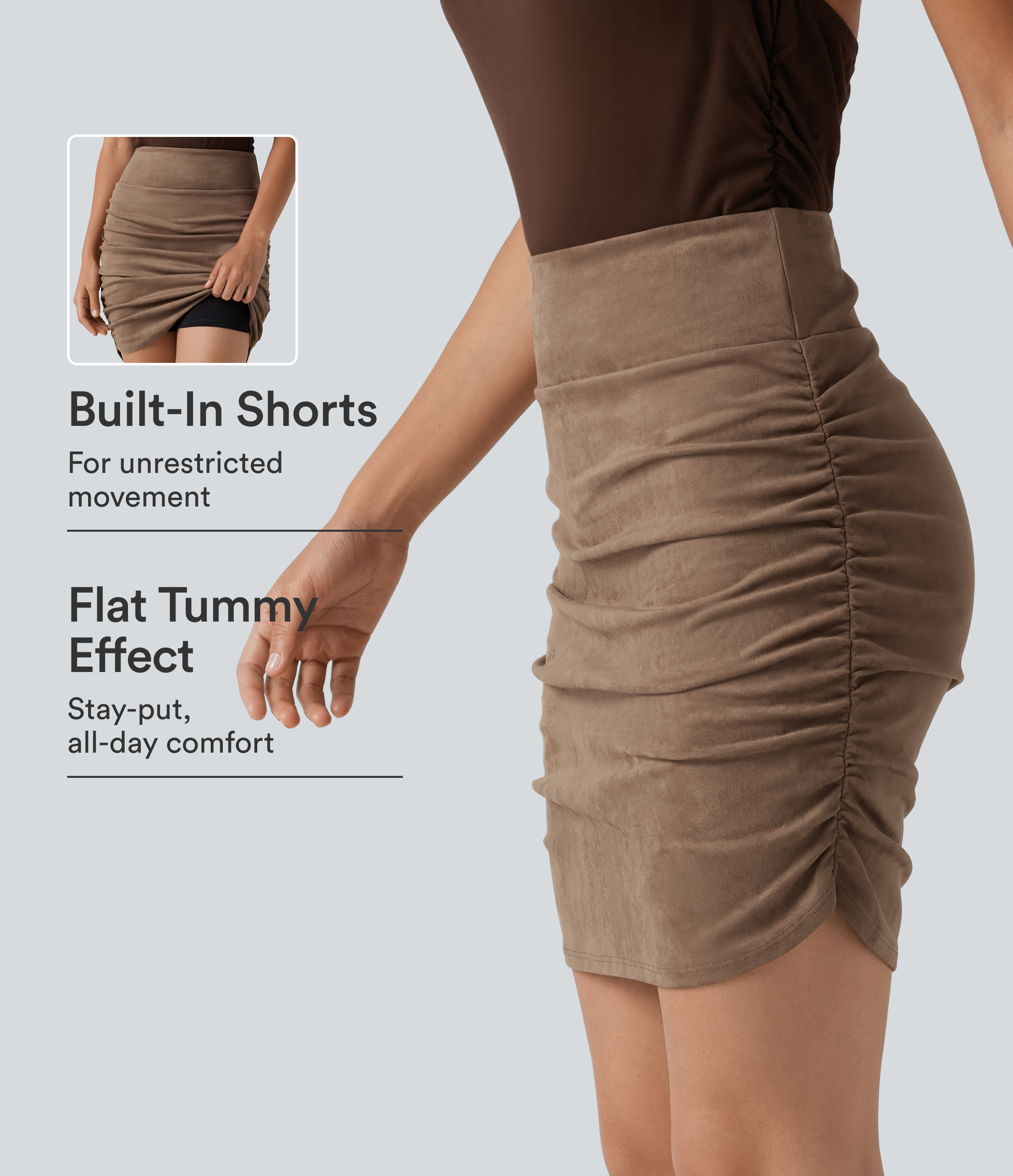 High Waisted Tummy Control Ruched Curved Hem Bodycon 2-in-1 Suede Mini Skirt-Longer Length
