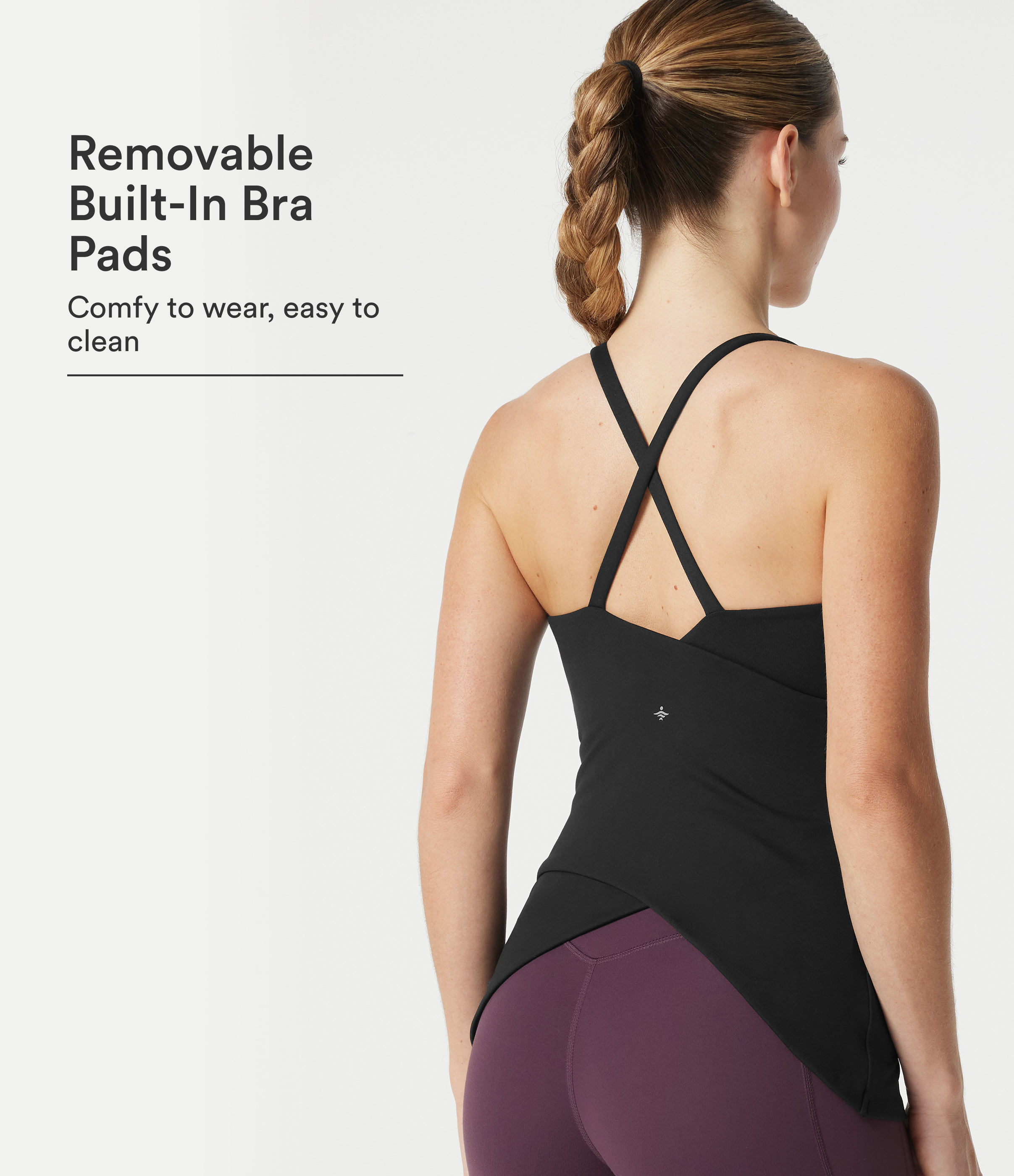 Scoop Neck Built-in Bra Crossover Hem Yoga Cami Top-Longer Length