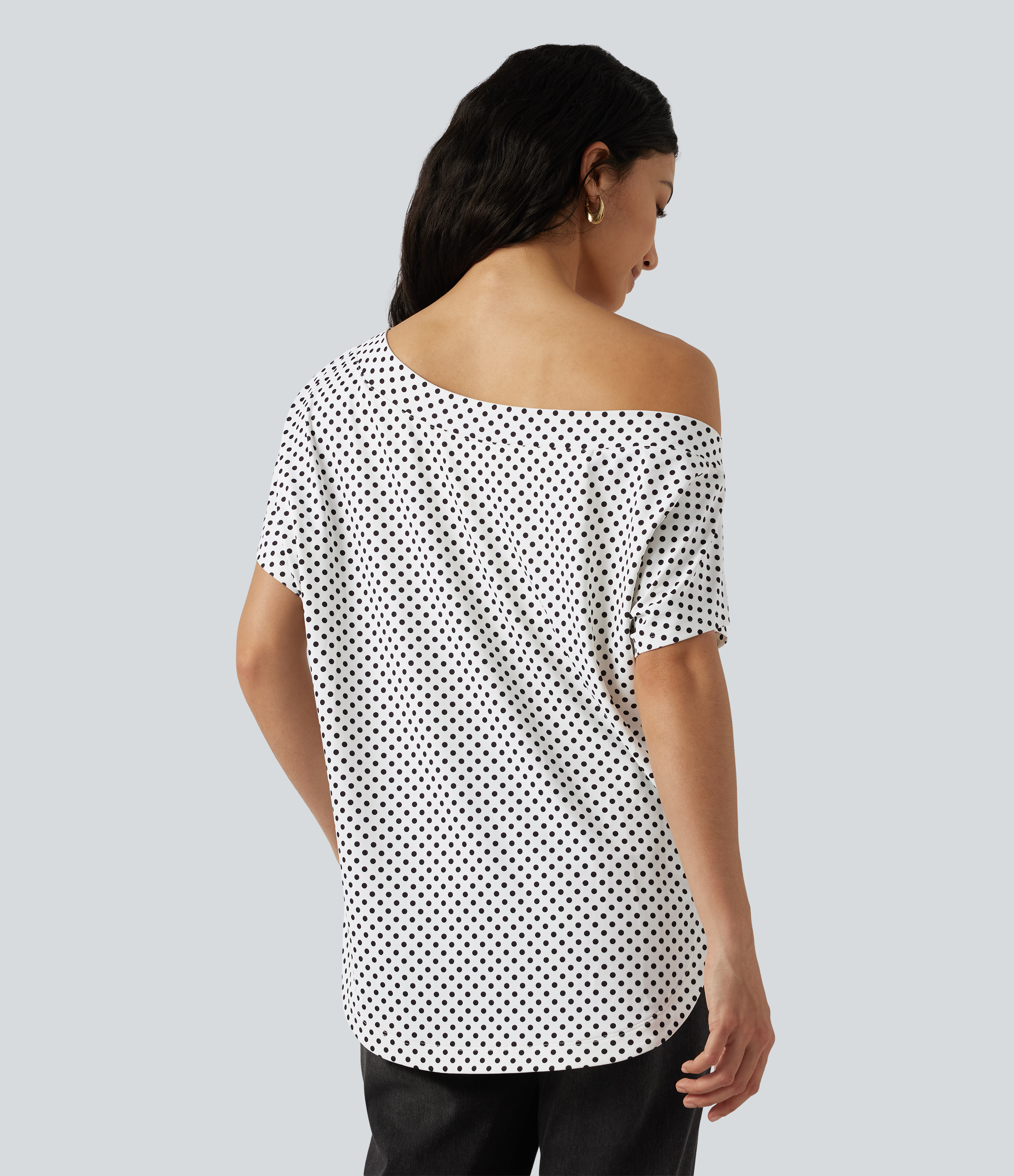 Snow Dots One Shoulder Short Sleeve Curved Hem High Low Built-in Bra Polka Dot Casual Top / 2