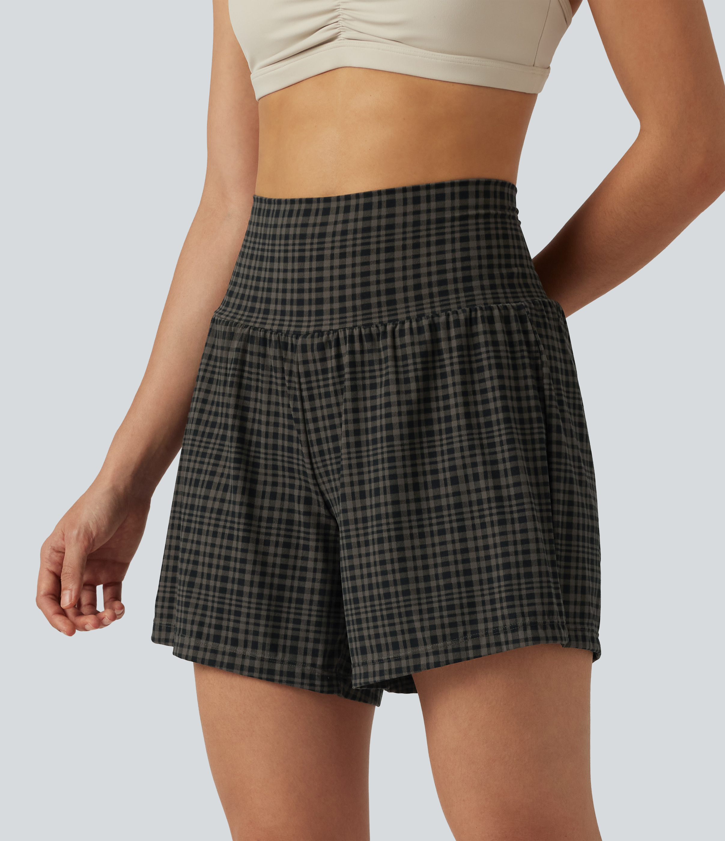 Halara UltraSculpt™ Check Plaid Print Super High Waisted 2-in-1 Yoga Shorts 5'' with Pockets