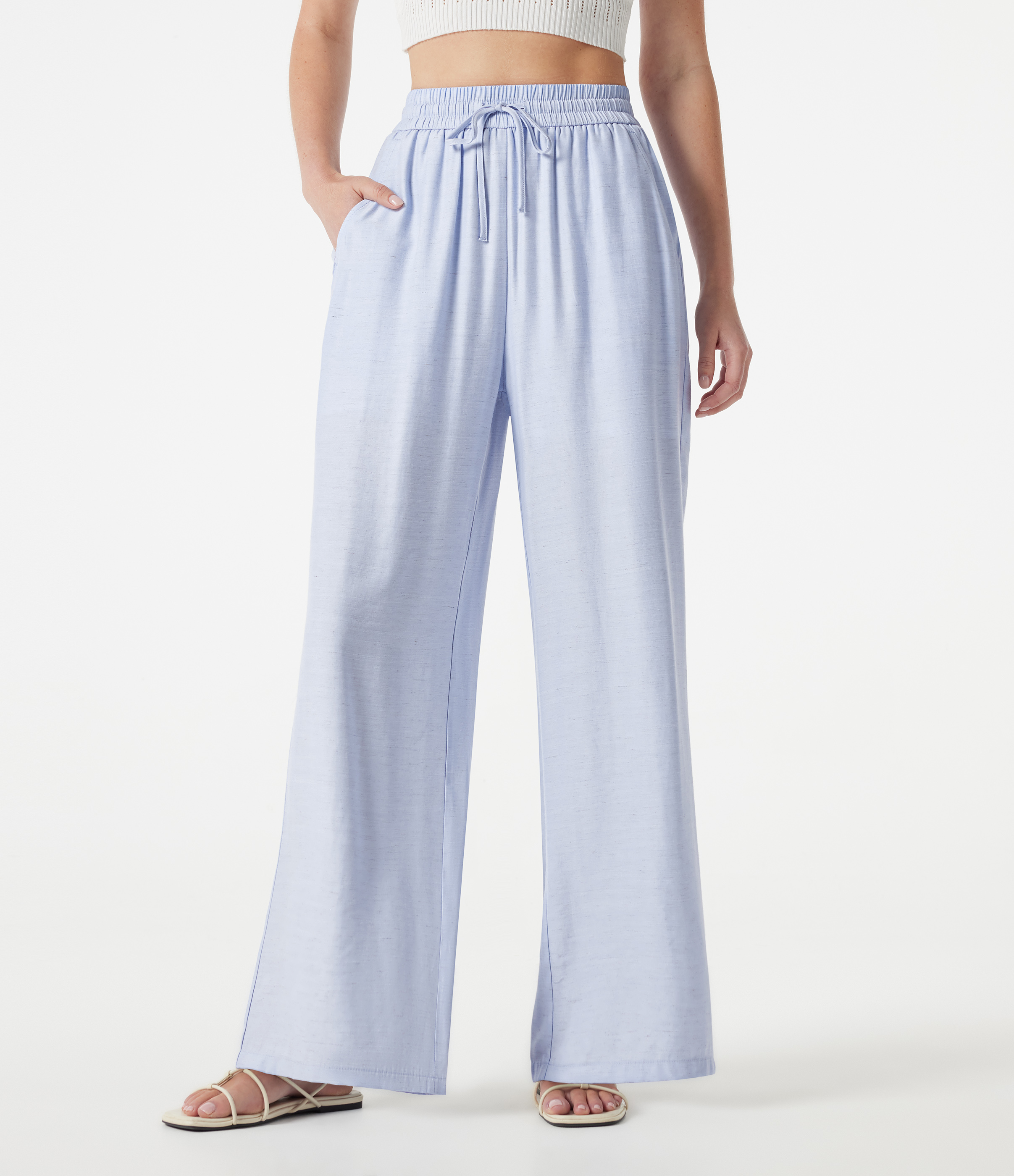High Waisted Drawstring 2-in-1 Wide Leg Casual Linen-Blend Pants with Pockets