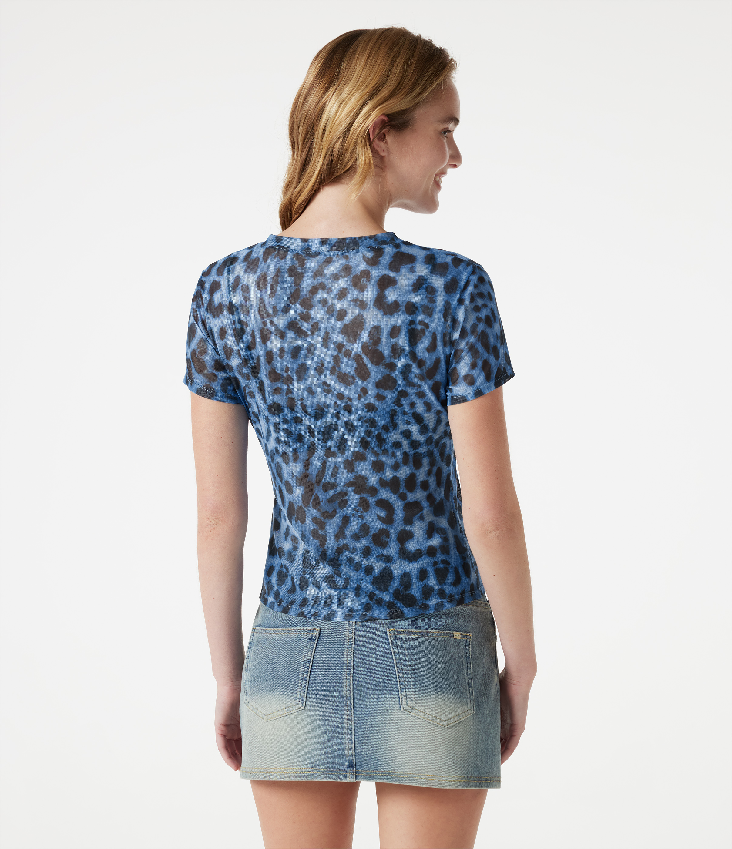 Ice blue leopard print Kurzarm-T-Shirt mit Rundhalsausschnitt und Leopardenmuster / 2