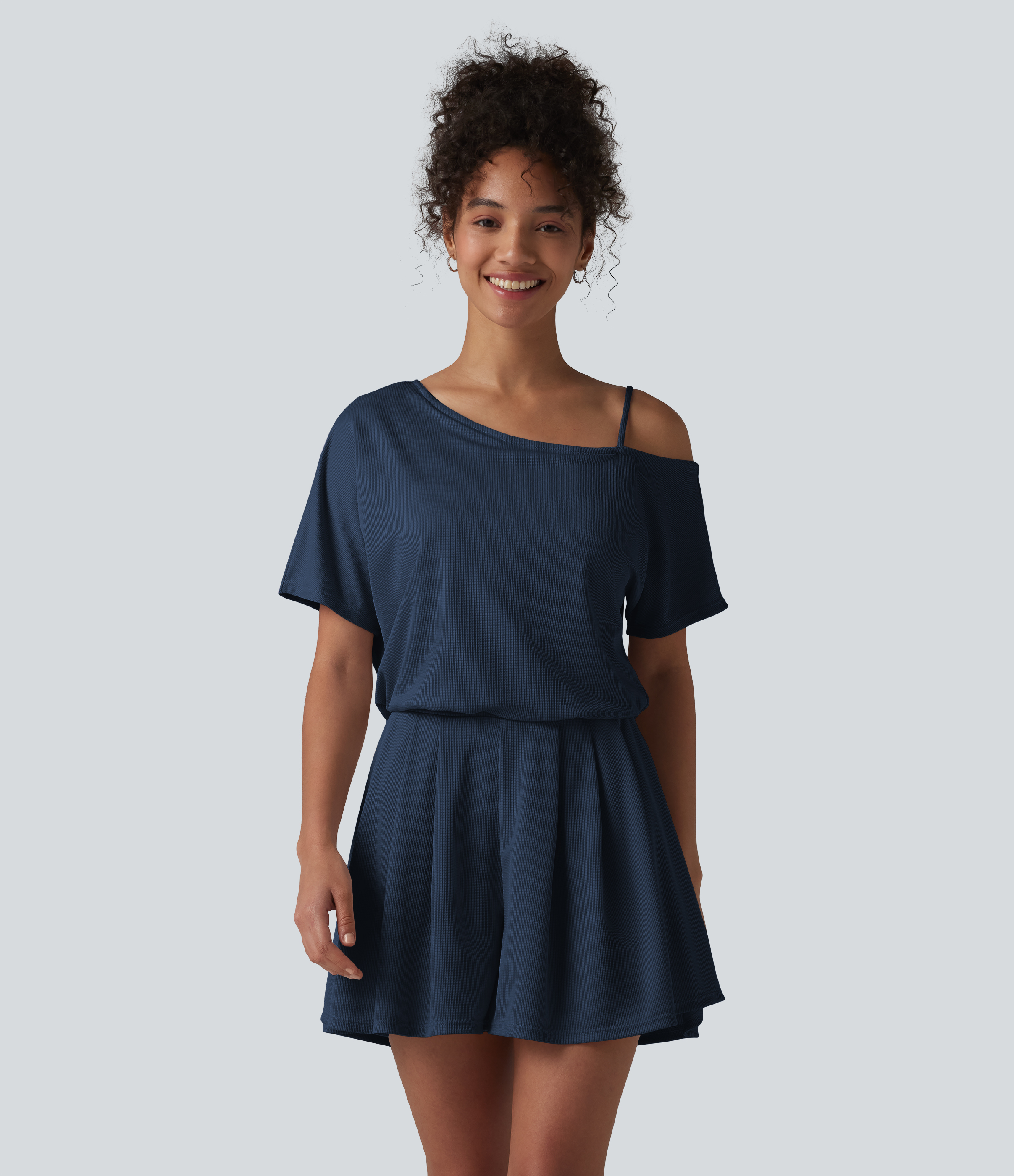 One Shoulder Short Sleeve Pleated Waffle Casual Romper with Pockets-Easy Peezy Edition