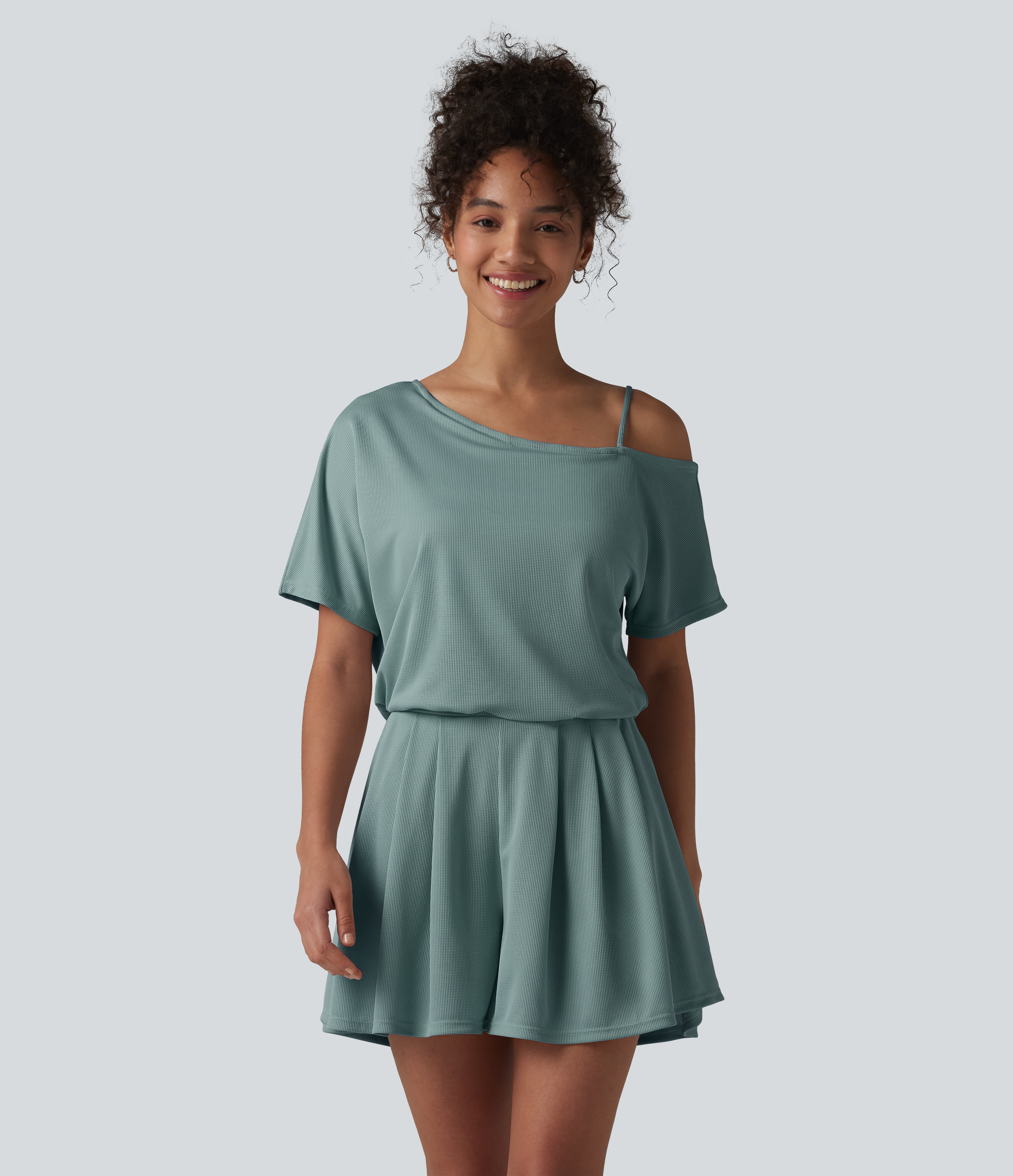 Combinaison décontractée à une épaule, manches courtes, plissée en tissu gaufré, avec poches - édition Easy Peezy