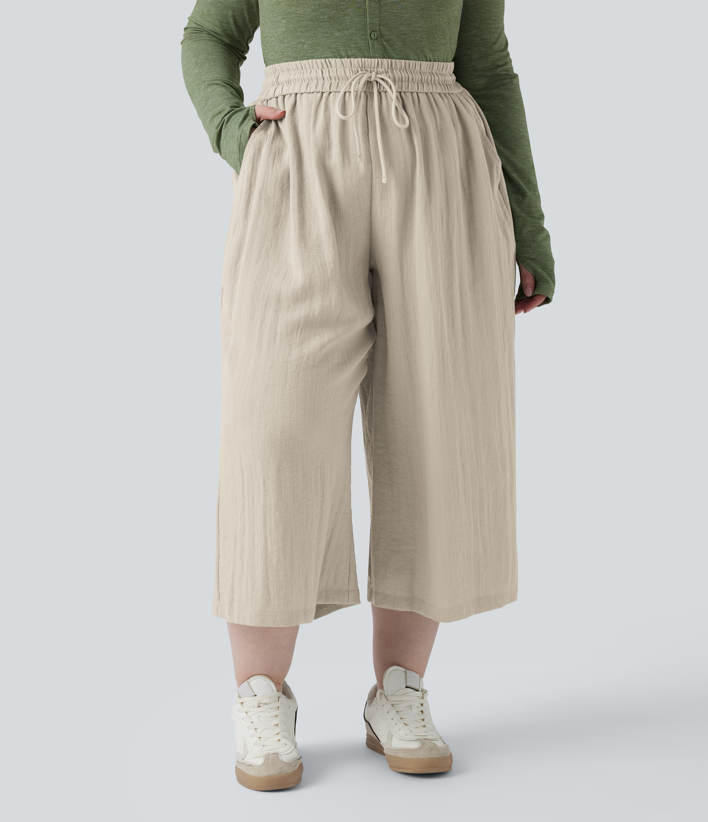 High Waisted Drawstring Wide Leg Cropped Casual Linen-Feel Plus Size Pants with Pockets