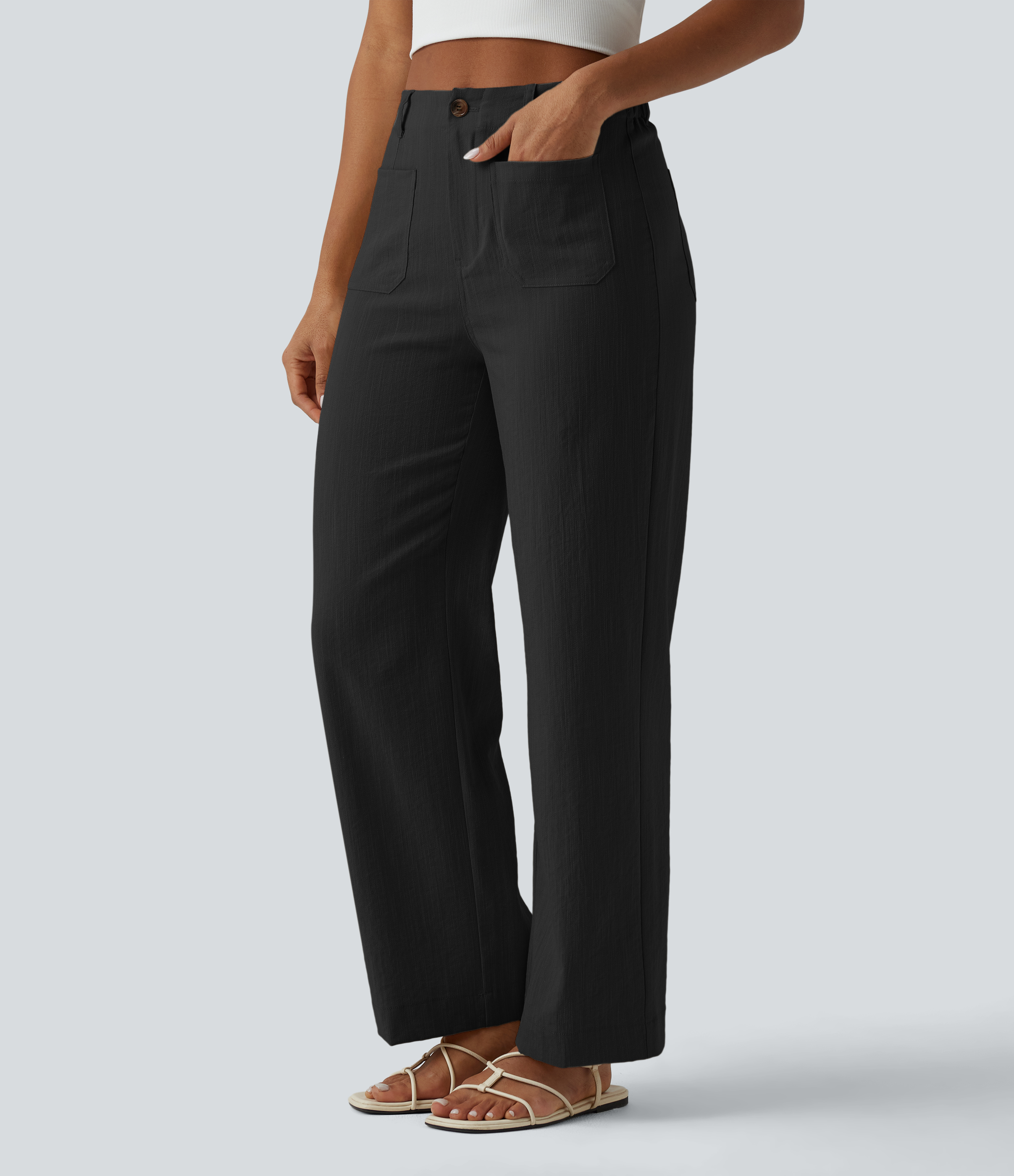 High Waisted Straight Leg Casual Linen-Feel Pants with Pockets