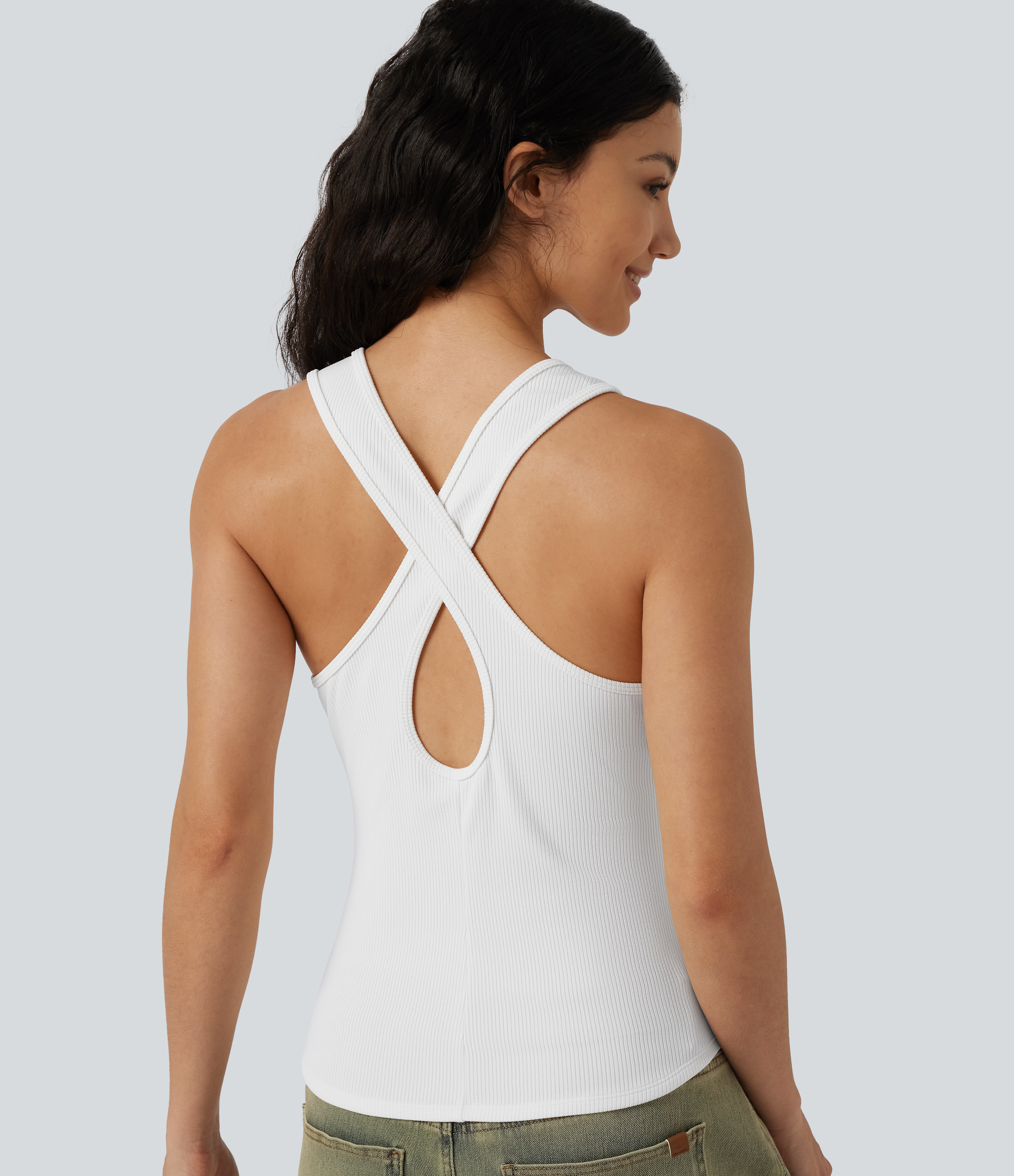 Ribbed Knit U-Neck Crossover Cut-Out Back Curved Hem Casual Tank Top