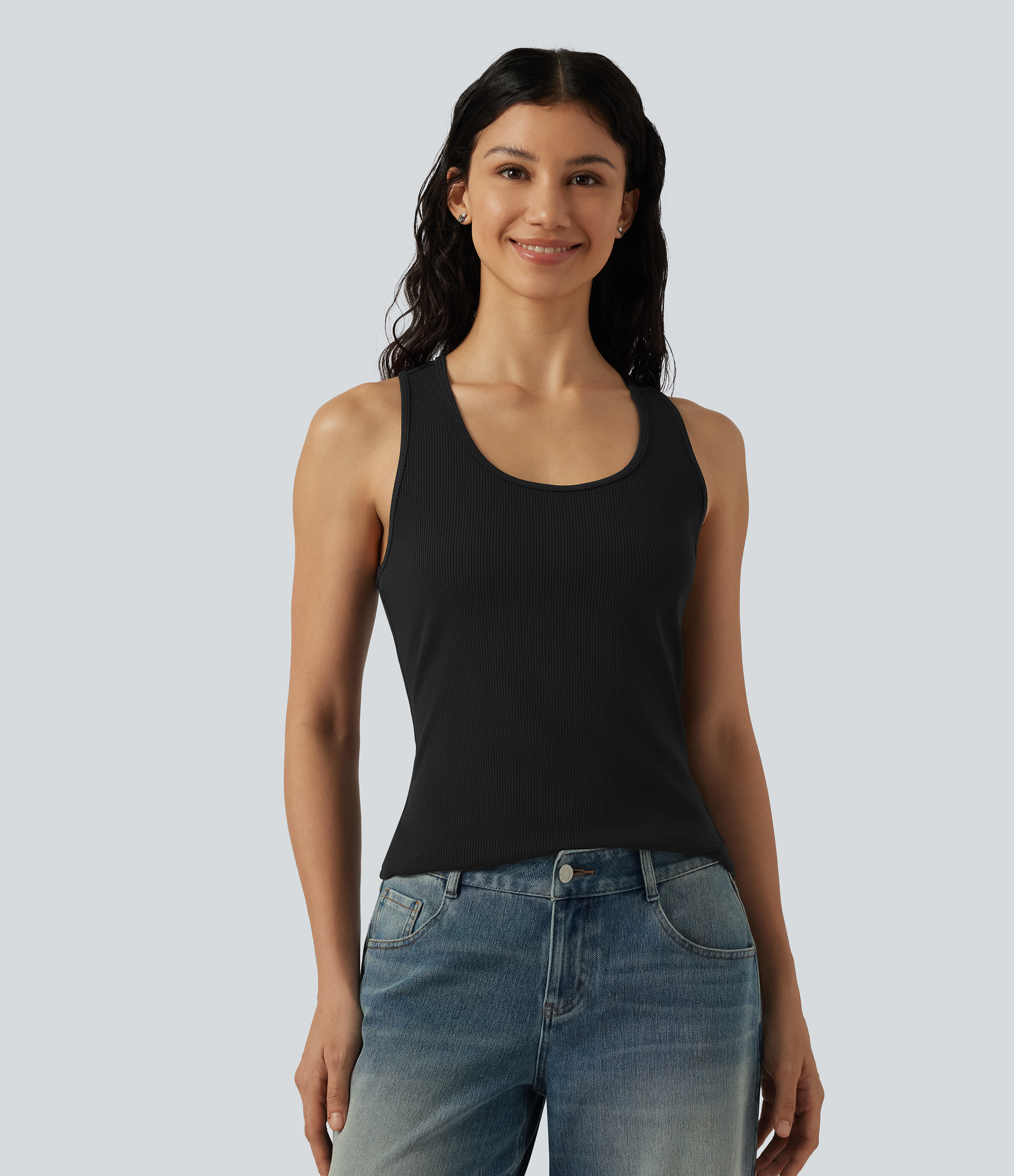 Black Ribbed Knit U-Neck Crossover Cut-Out Back Curved Hem Casual Tank Top / 2