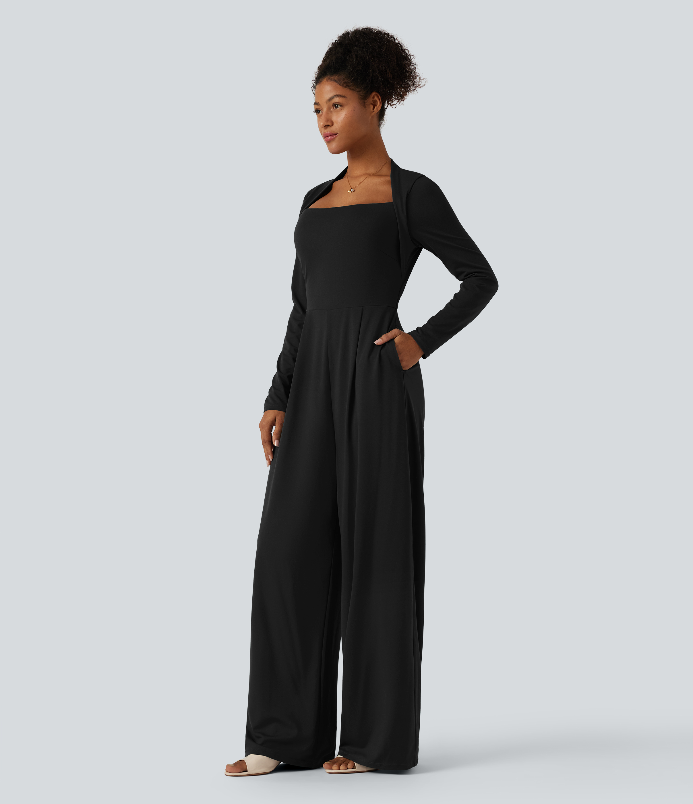 Long Sleeve Built-in Bra Wide Leg Jumpsuit with Pockets-Easy Peezy Edition DD-F Cups