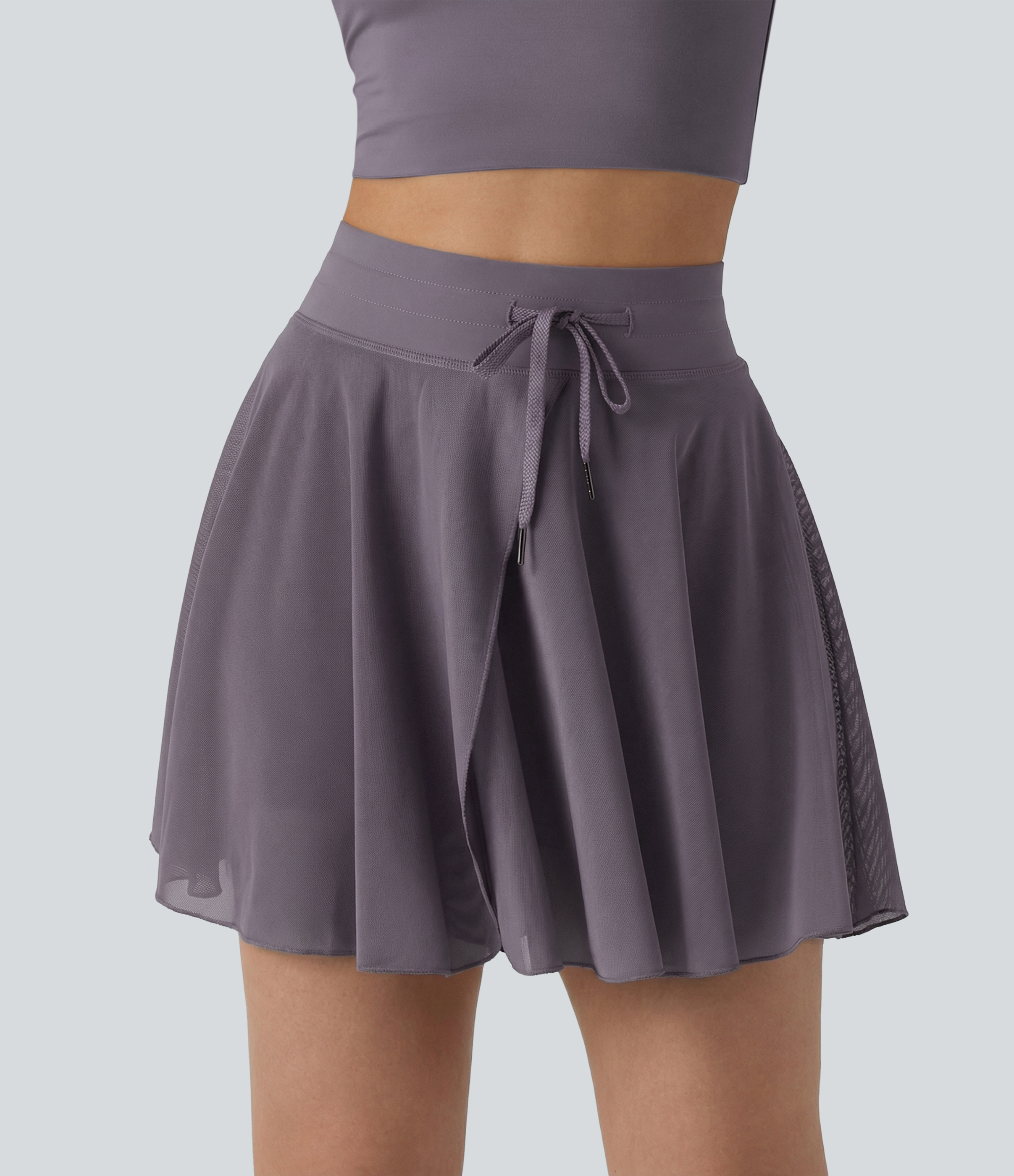 High Waisted Drawstring Contrast Mesh 2-in-1 Pocket Flowy Mini Flare Casual Skirt-Longer Length