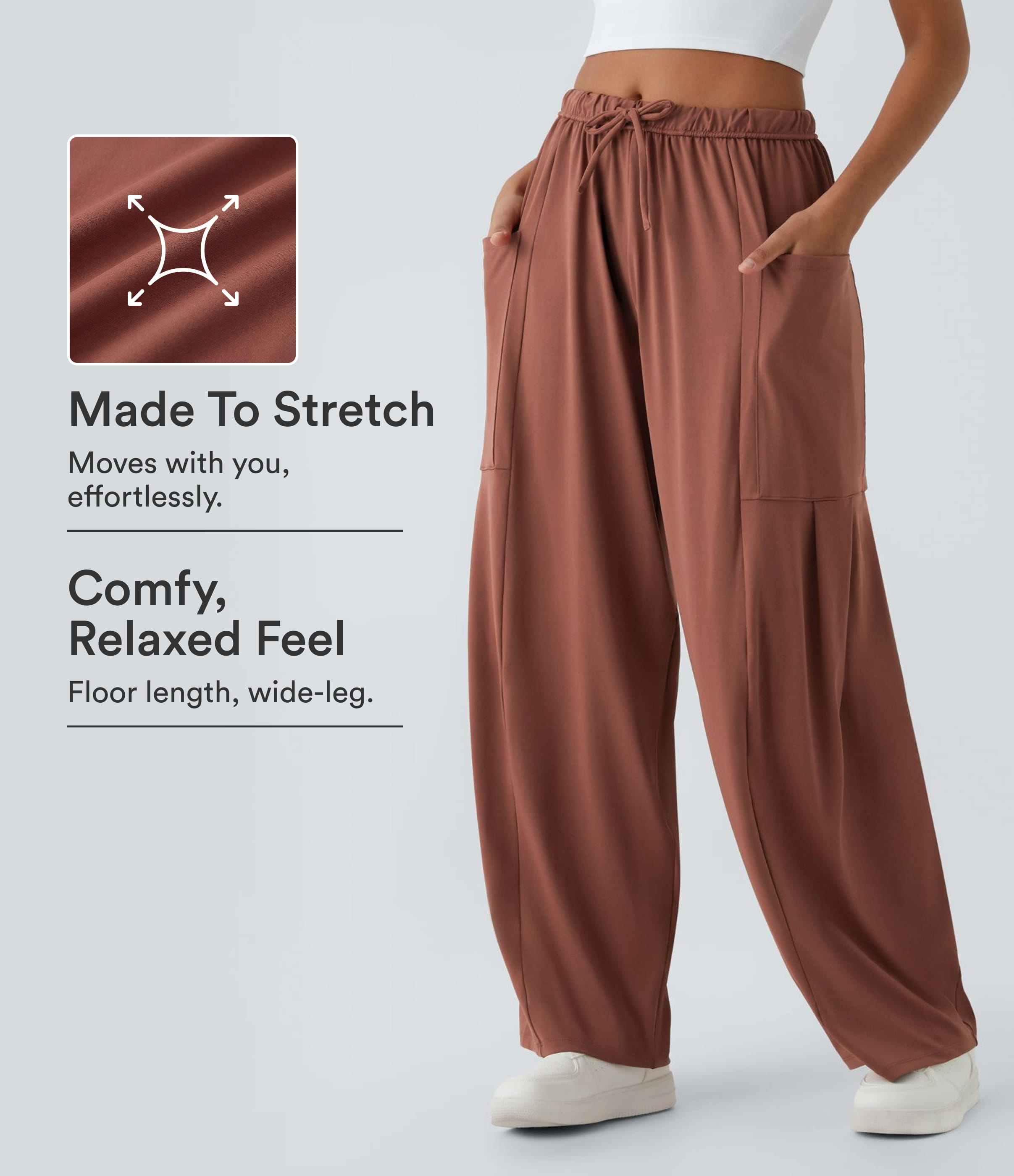 Mid Rise Elastic Waistband Drawstring Side Pocket Palazzo Flowy Wide Leg Casual Trousers