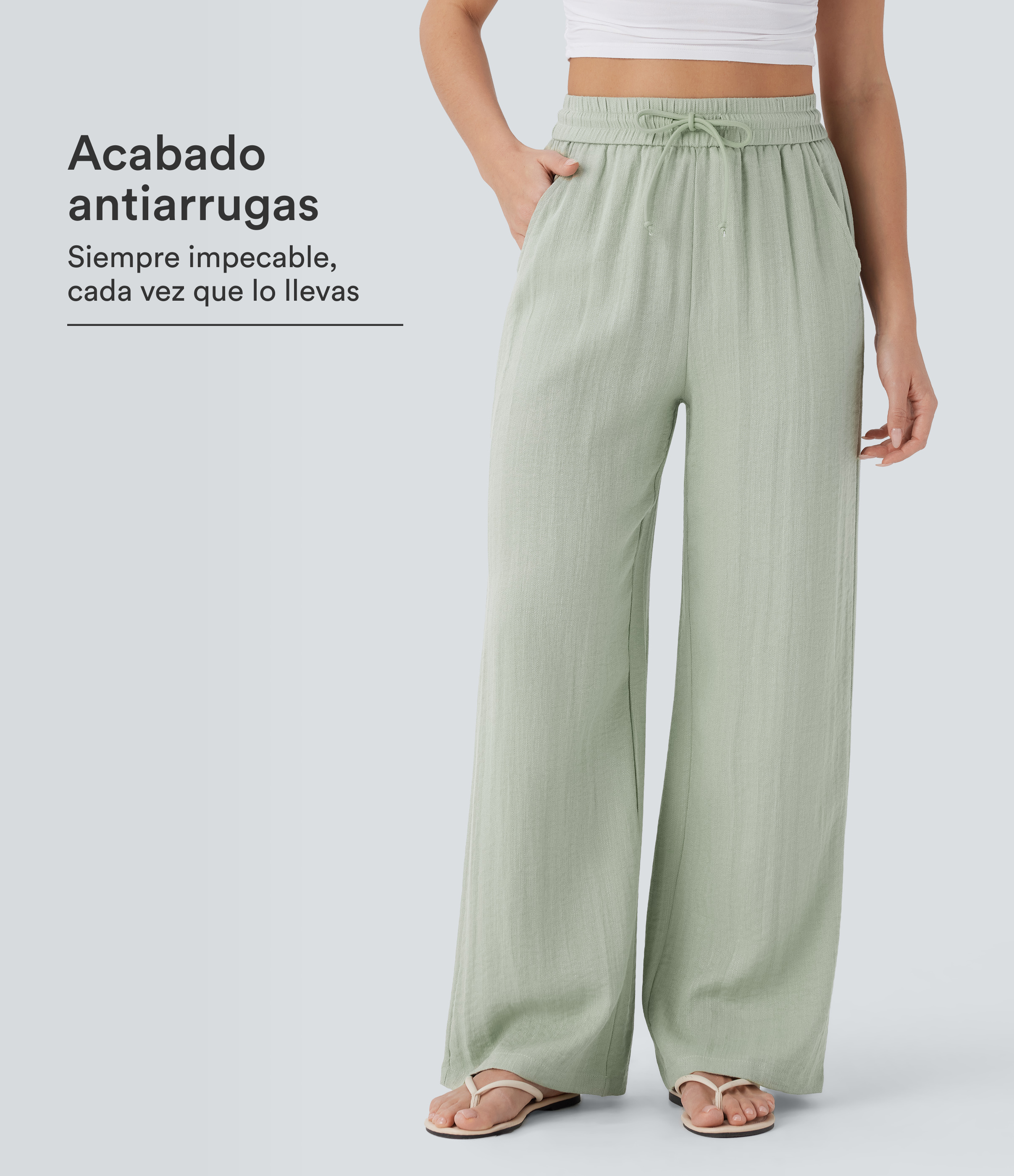 High Waisted Drawstring Pocket Wide Leg Casual Linen-Feel Pants