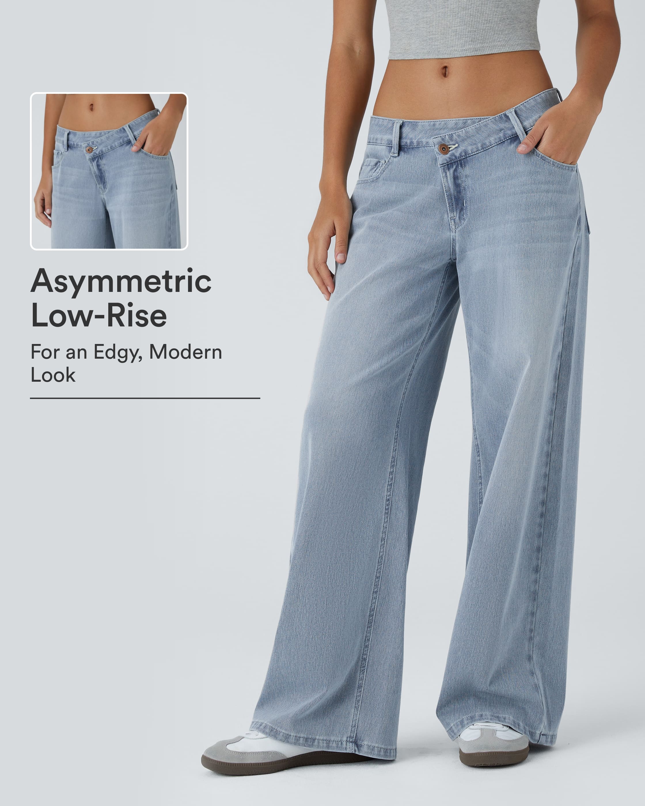 Halara Flex™ Asymmetrische Niedrige Taille Reißverschluss-Taschen Weite Beinschnitt Gewaschene Lässige Jeans