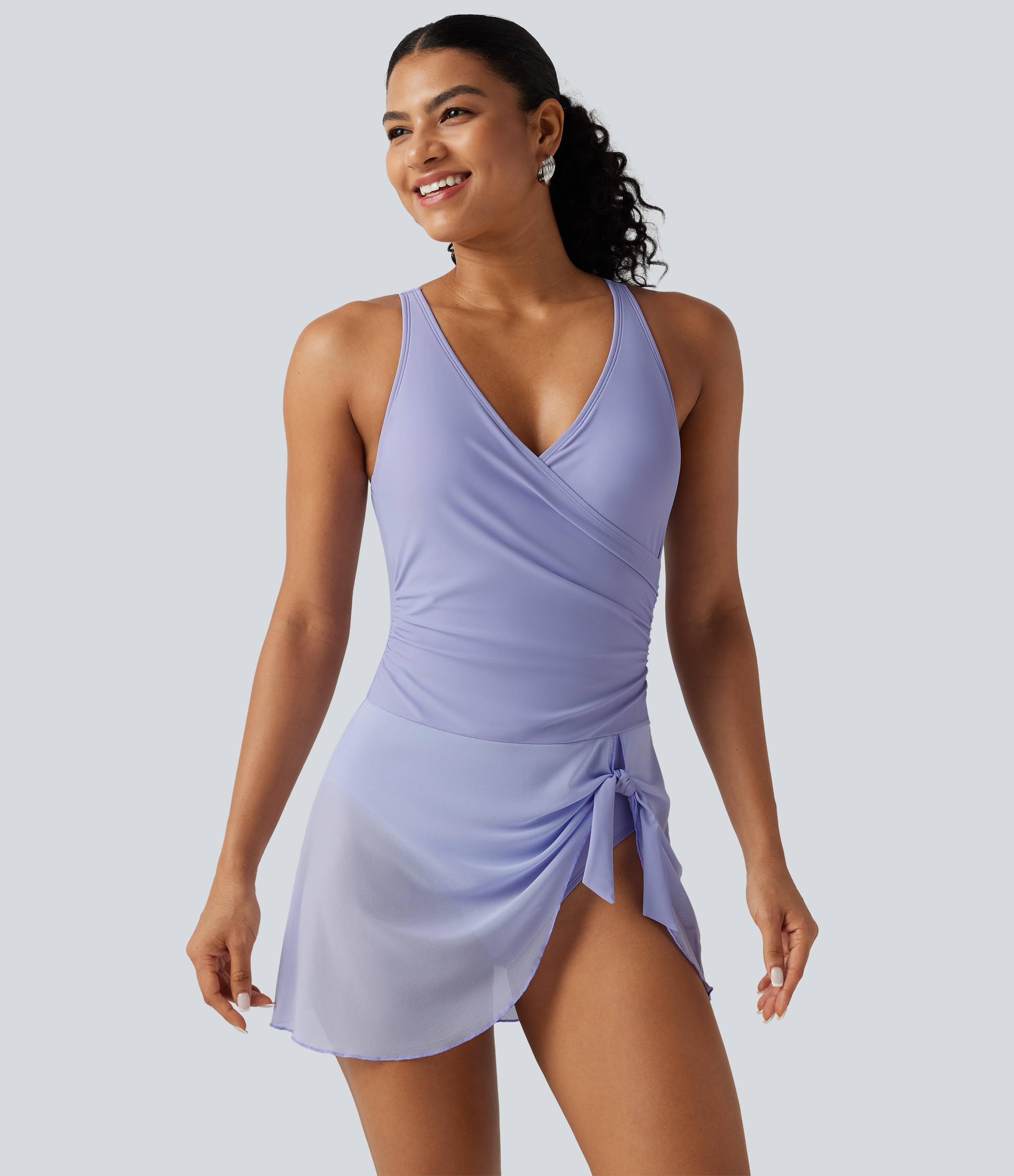 Crossover V Neck Ruched Asymmetric Tie Hem Contrast Mesh 2-in-1 Built-in Bra Tummy Control Swim Dress