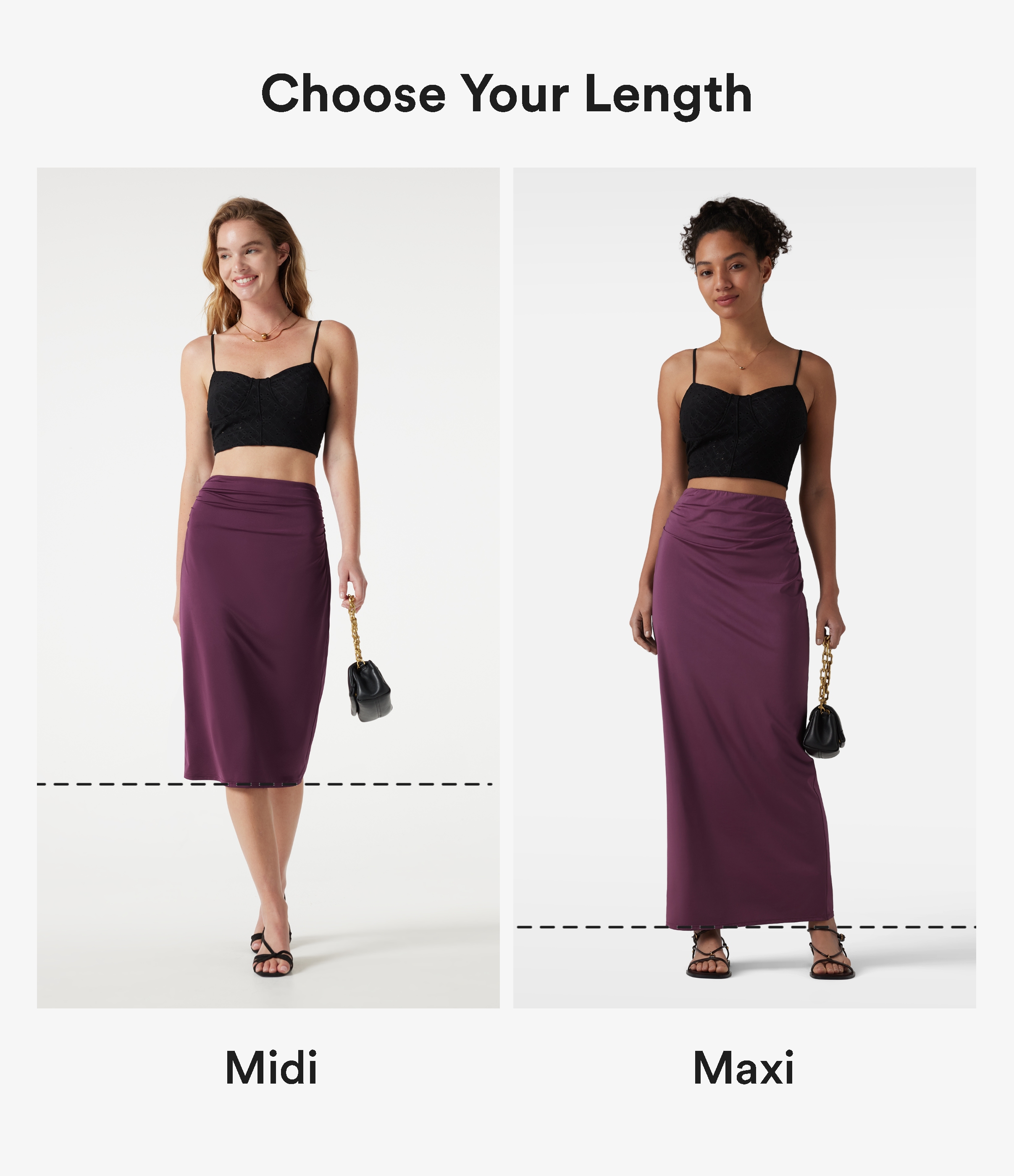Amaranth Falda lápiz casual midi de talle alto, fruncida, elástica, con efecto satinado y tacto fresco / 2