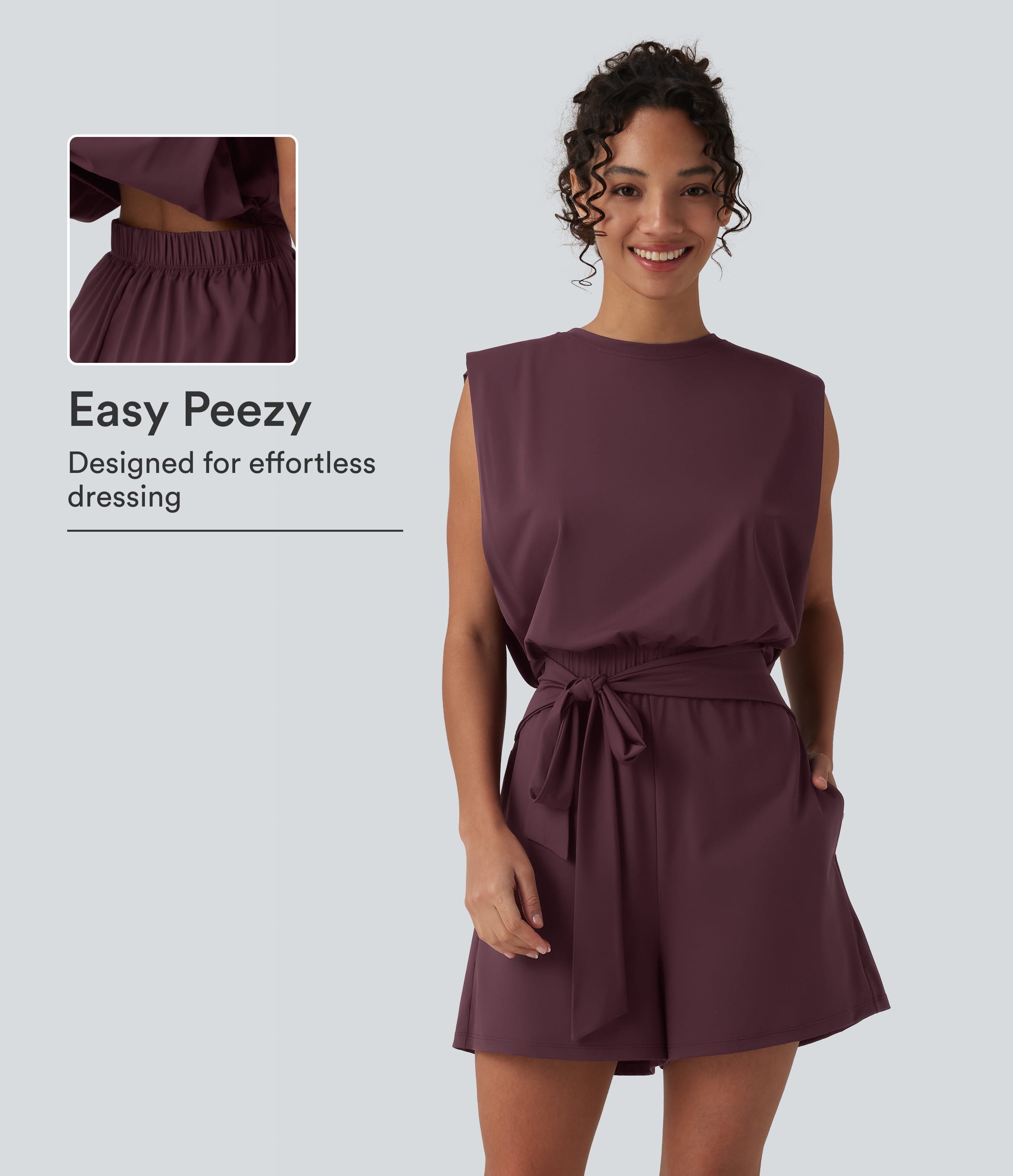 Round Neck Sleeveless Tie-front Cool Touch Casual Romper with Pockets-Easy Peezy-UPF50+