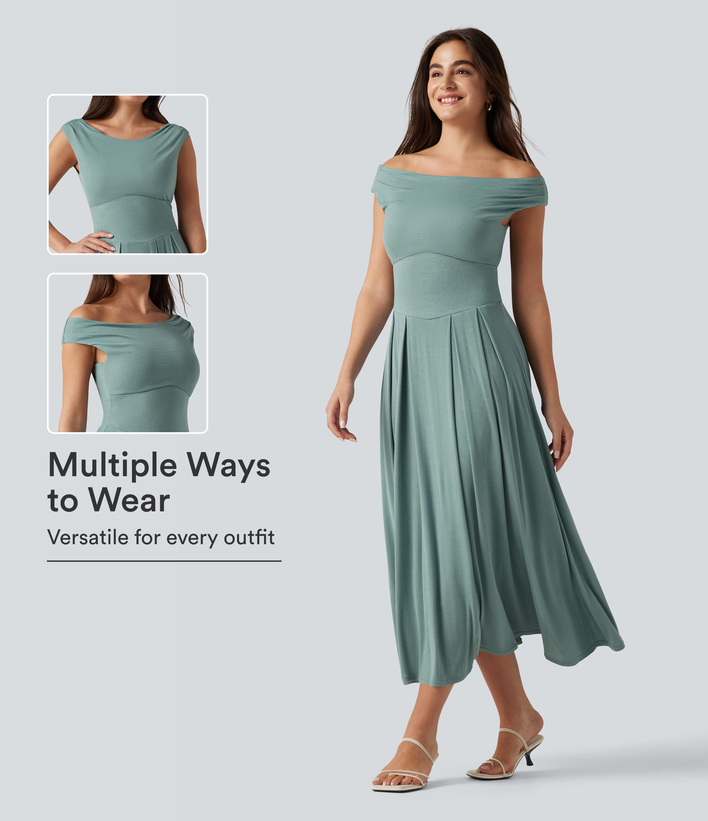 Ribbed Off Shoulder Tummy Control Midi Casual Flowy Dress