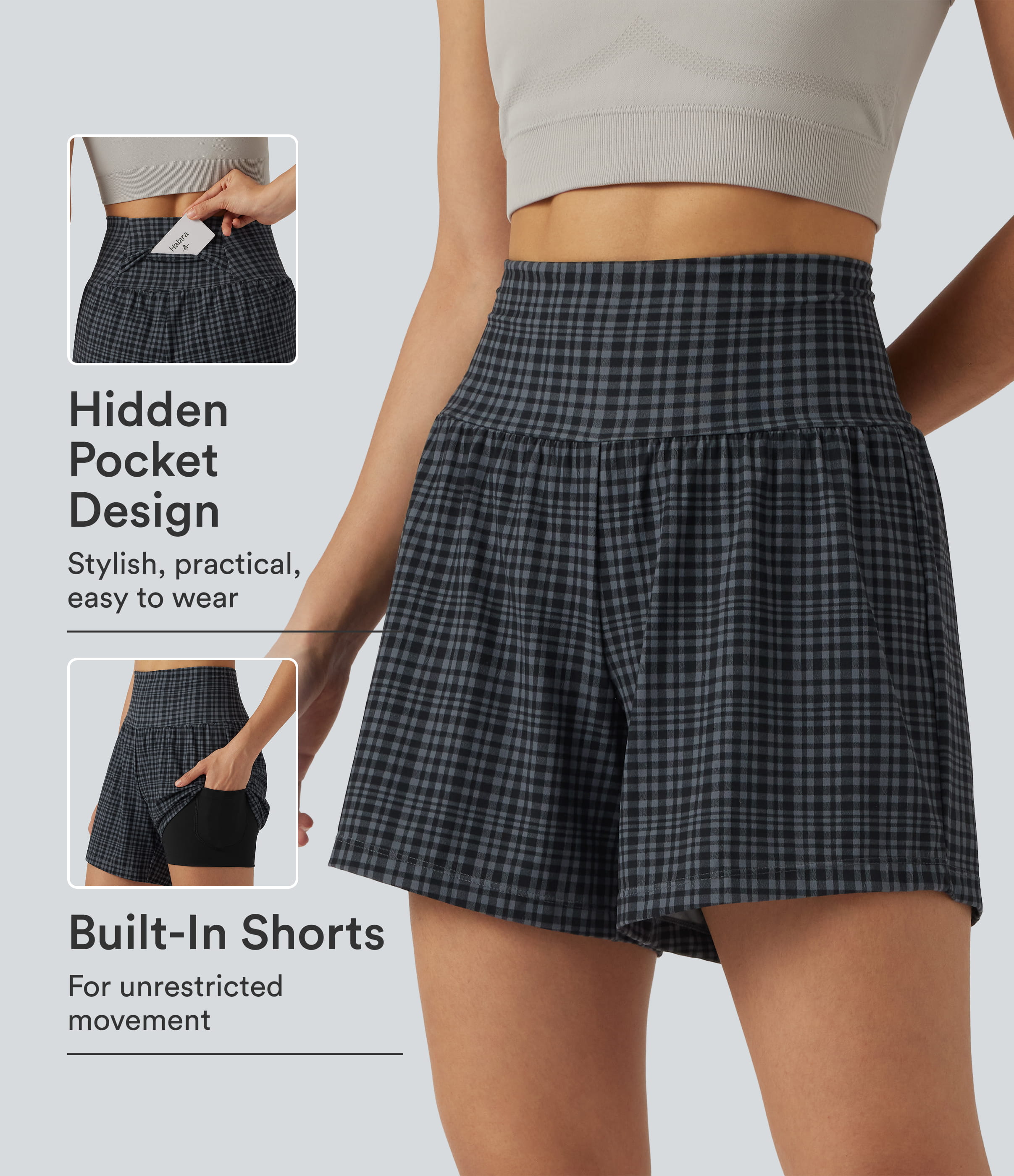 Halara UltraSculpt™ Check Plaid Print Super High Waisted 2-in-1 Yoga Shorts 5'' with Pockets