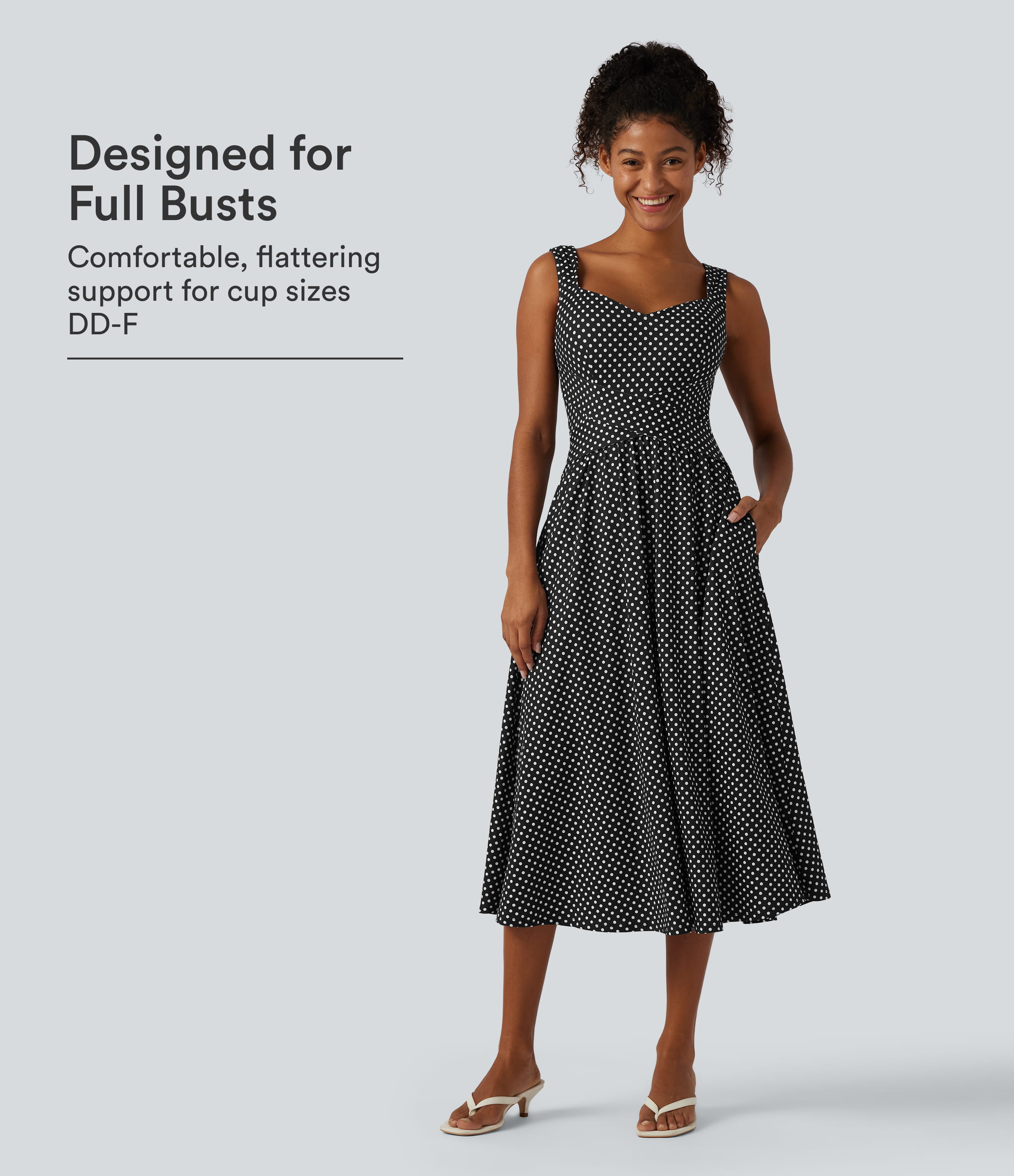 Sleeveless Backless Crossover Built-in Bra Polka Dot Midi Casual Flowy Dress with Pockets DD-F Cups
