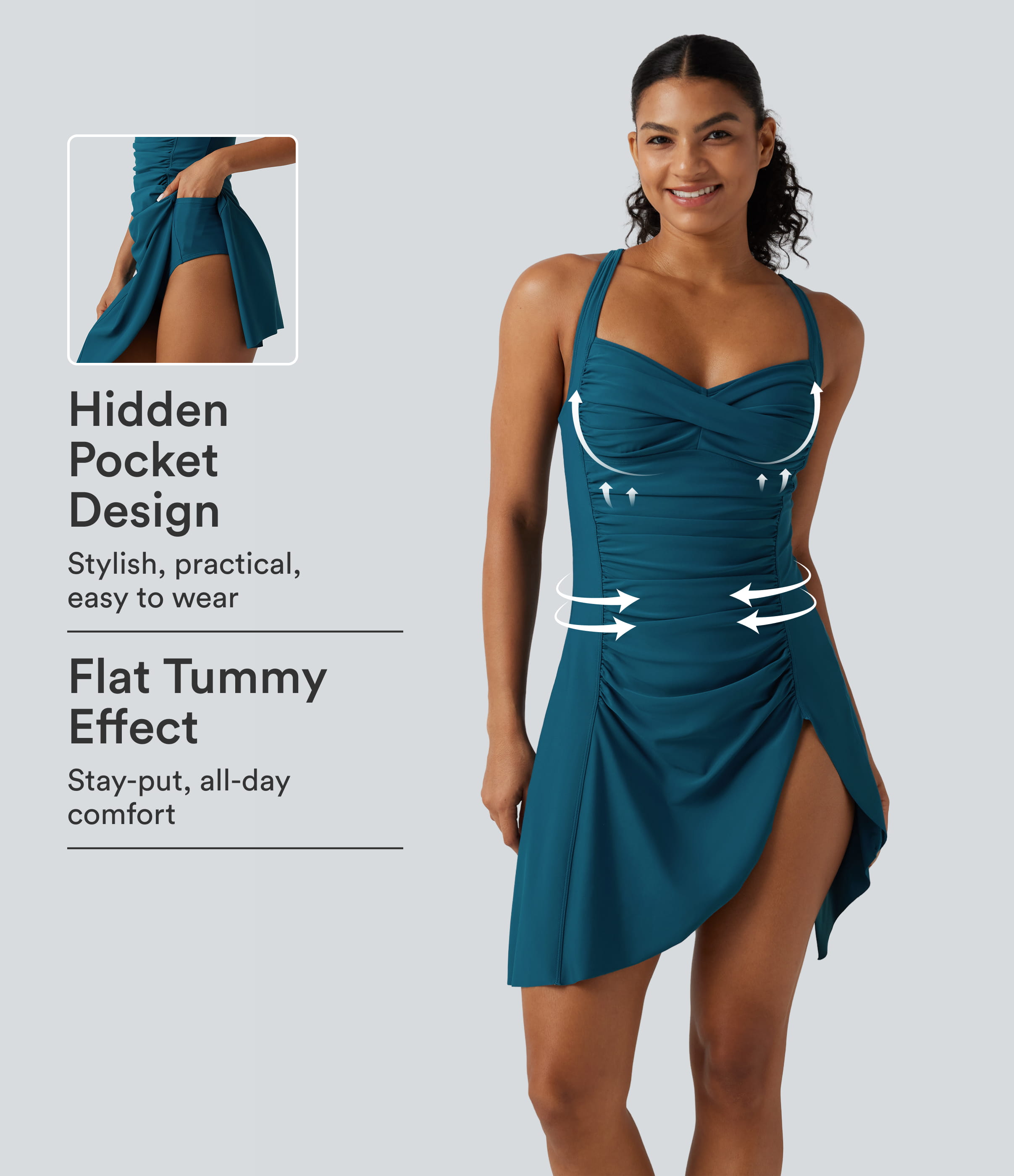 Queen Anne Neck Adjustable Straps Twisted Ruched Split Hem 2-in-1 Built-in Bra Push-Up Tummy Control Swim Dress with Pockets