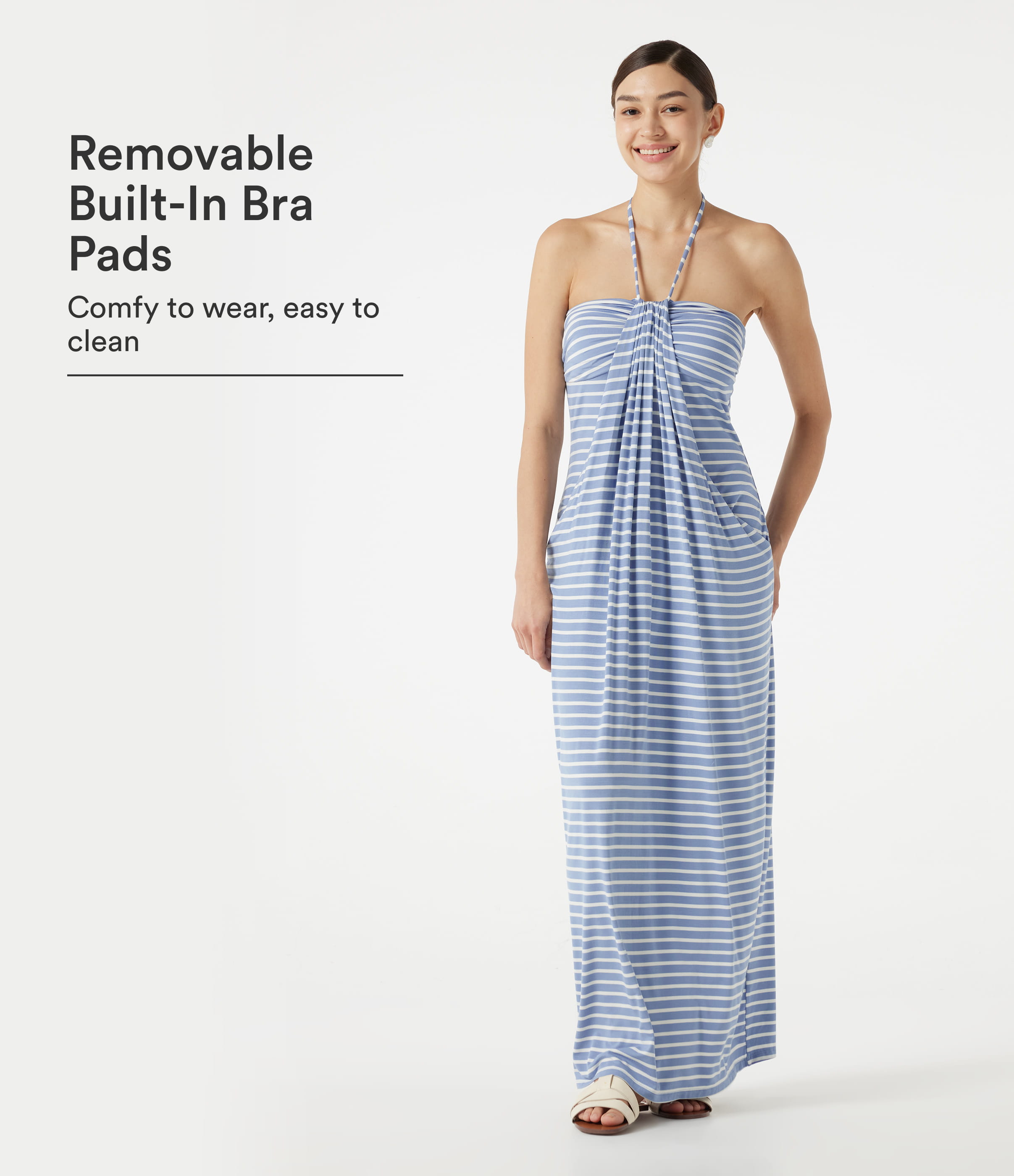 Halter Tie Back Built-in Bra Striped Maxi Resort Dress with Pockets