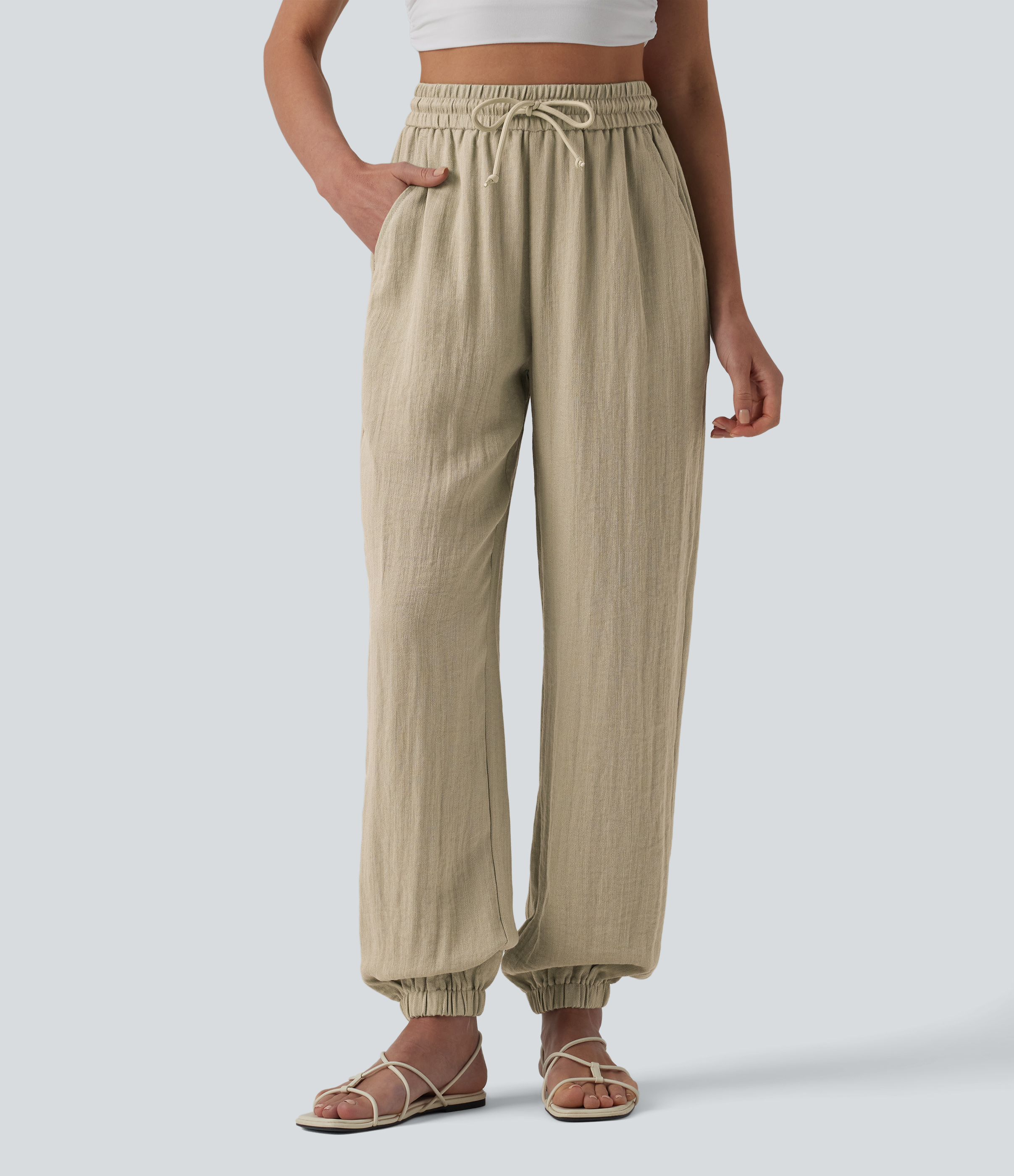 Joggers décontractés taille haute à cordon, jambe large, effet lin, avec poches