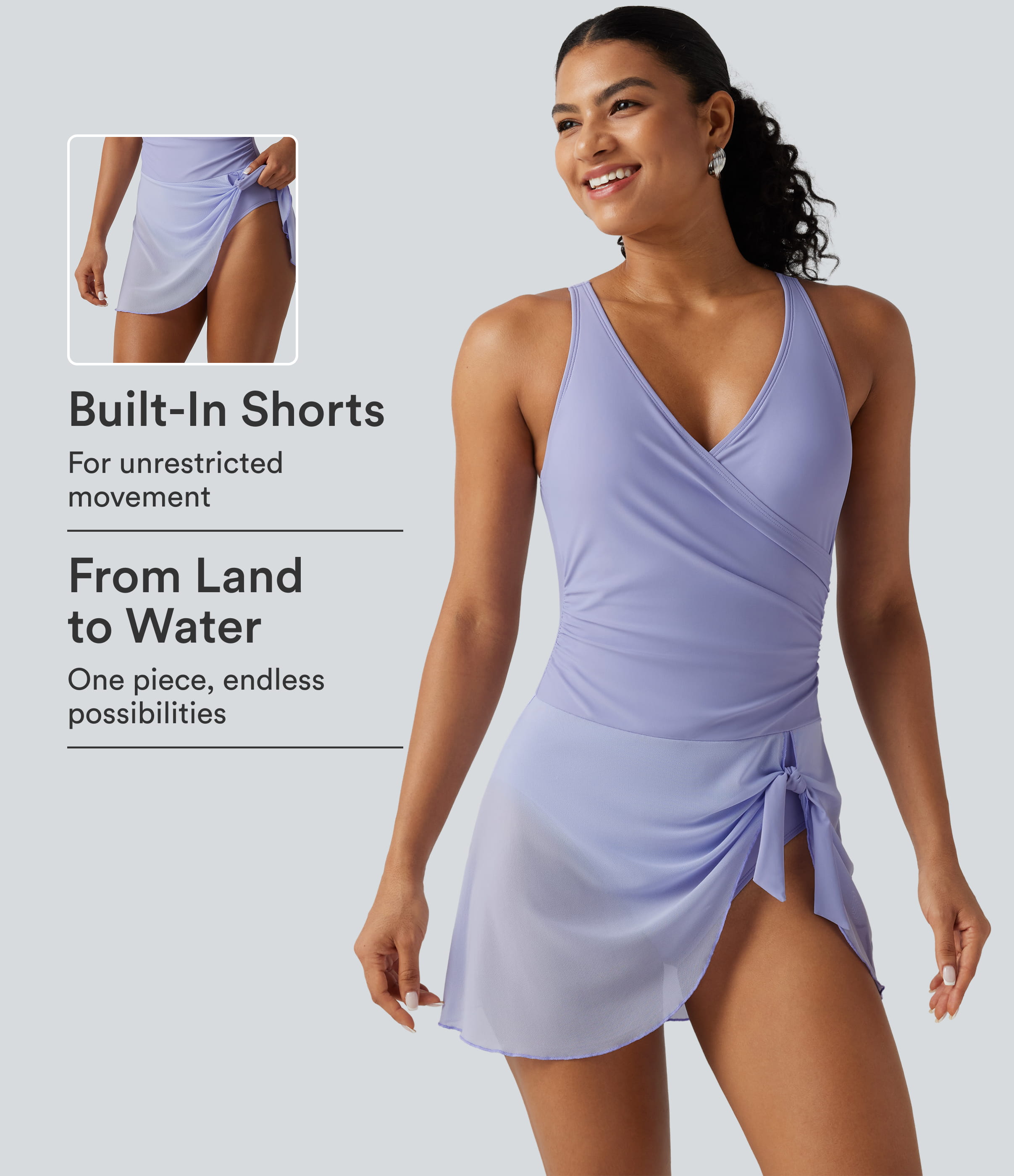 Crossover V Neck Ruched Asymmetric Tie Hem Contrast Mesh 2-in-1 Built-in Bra Tummy Control Swim Dress