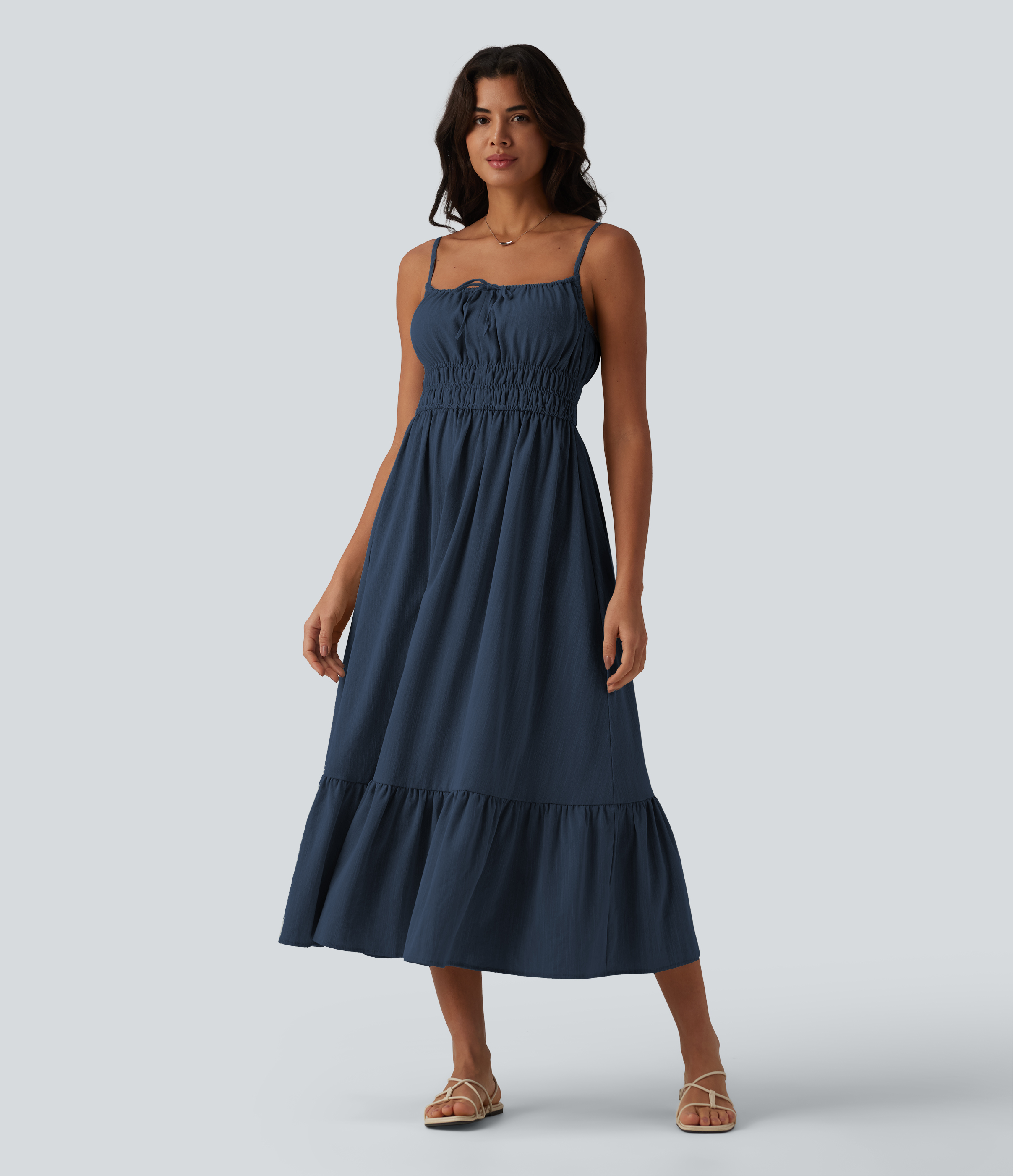 Tie Front Flowy Midi Casual Linen-Feel Slip Dress