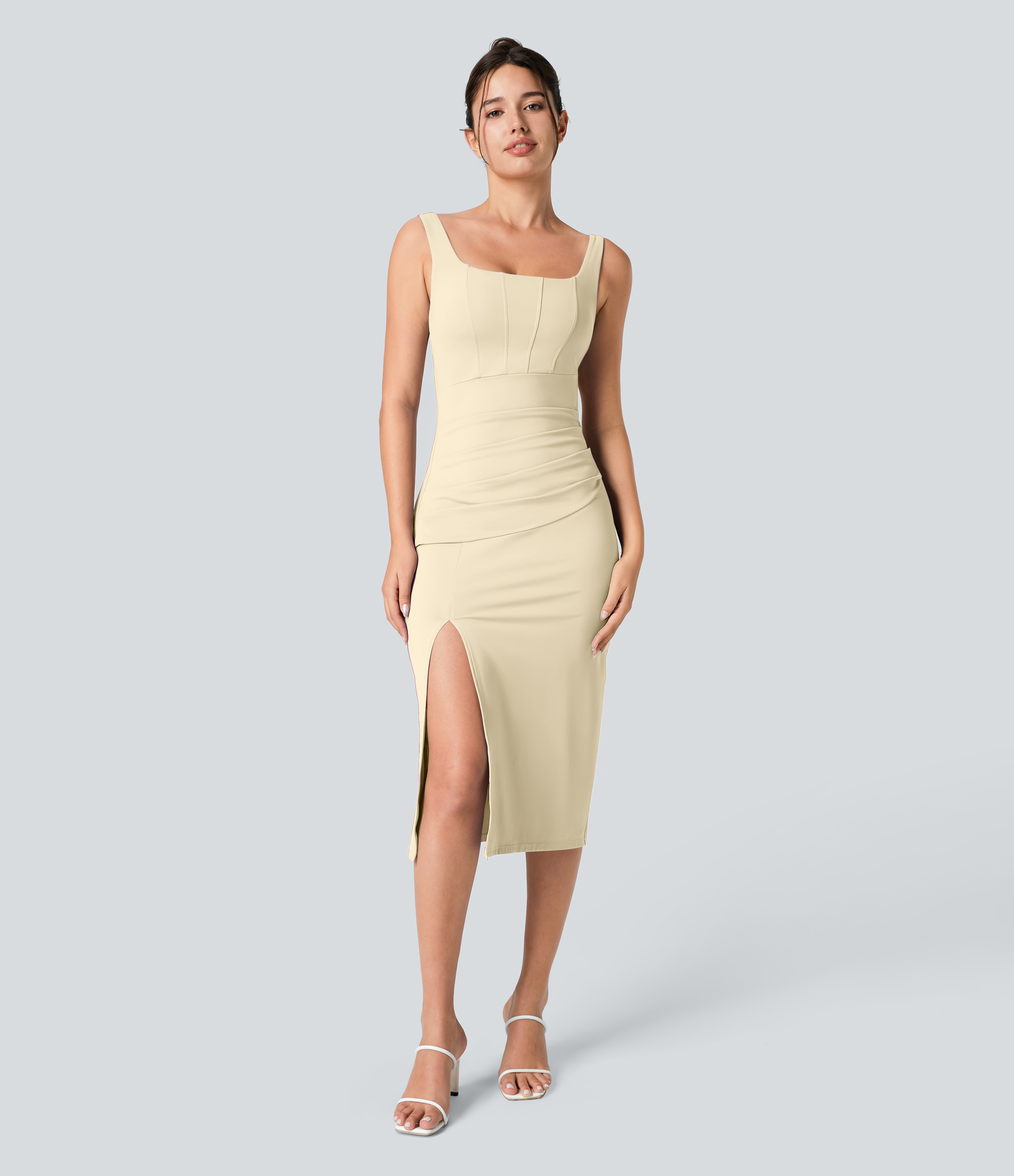SoftlyZero™ Airy Square Neck Backless Corset Ruched Split Bodycon Midi Cool Touch Bridesmaid and Wedding Guest Dress