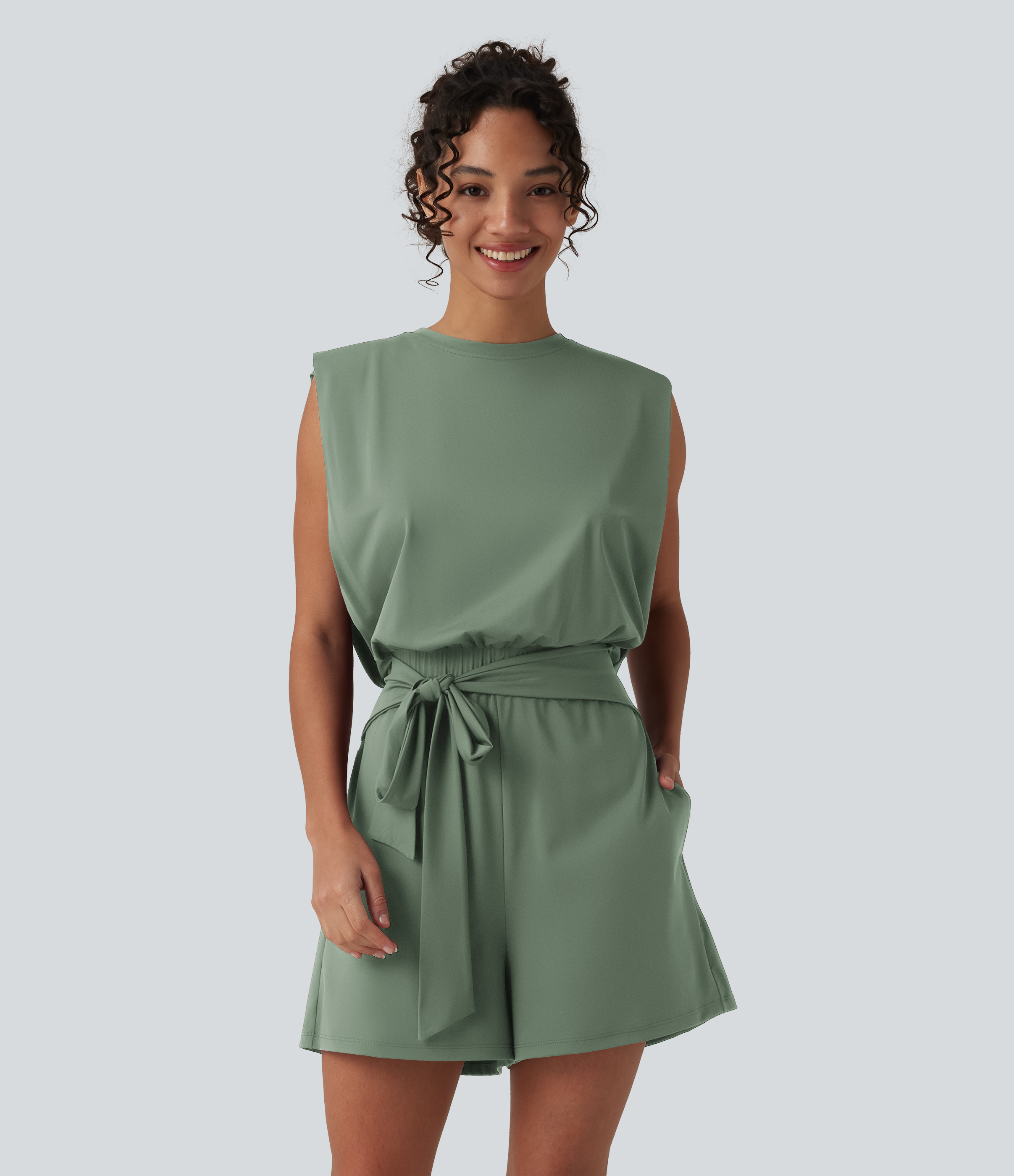 Round Neck Sleeveless Tie-front Cool Touch Casual Romper with Pockets-Easy Peezy-UPF50+