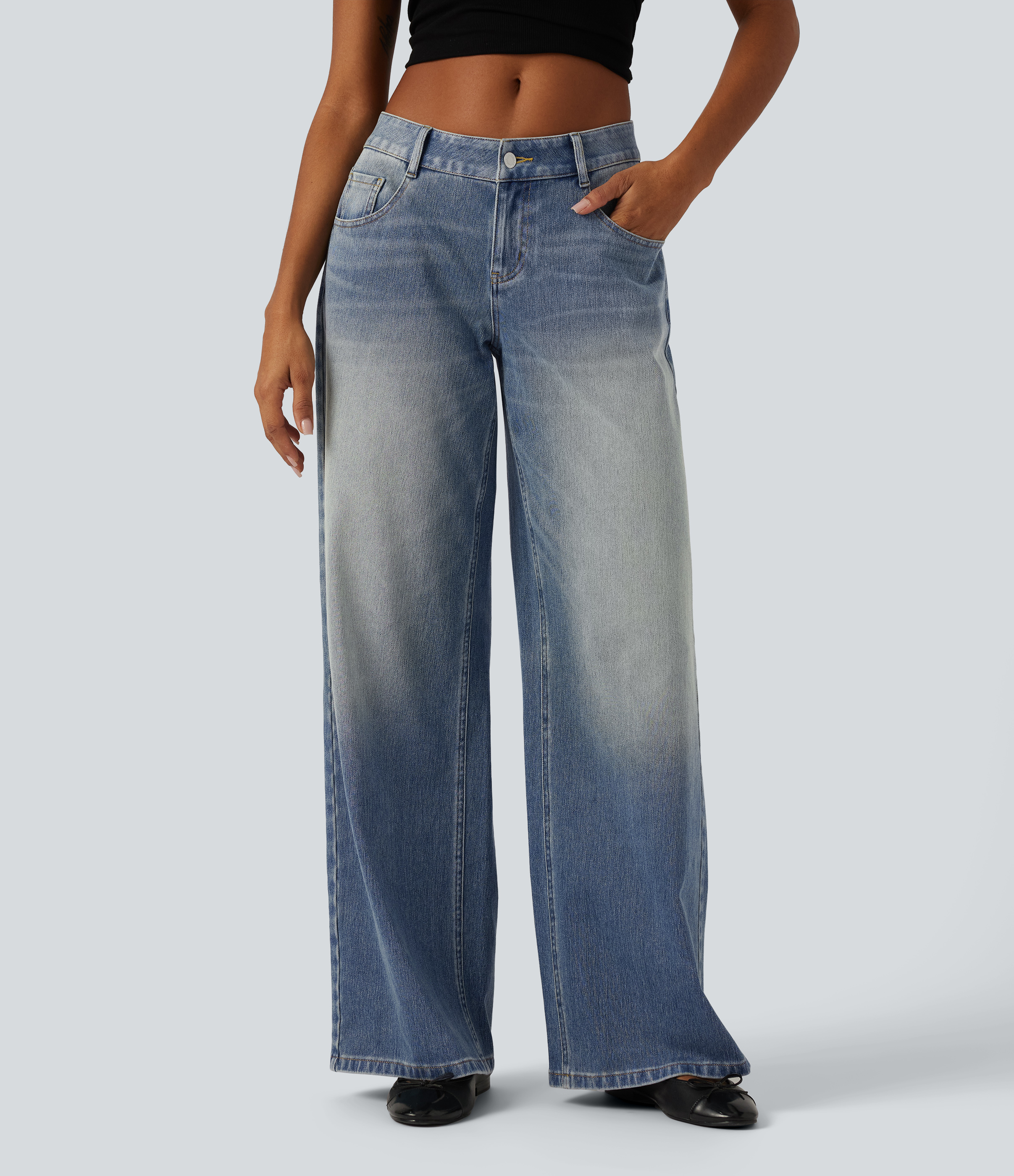 Halara Flex™ Low Rise Wide Leg Washed Casual Jeans with Pockets