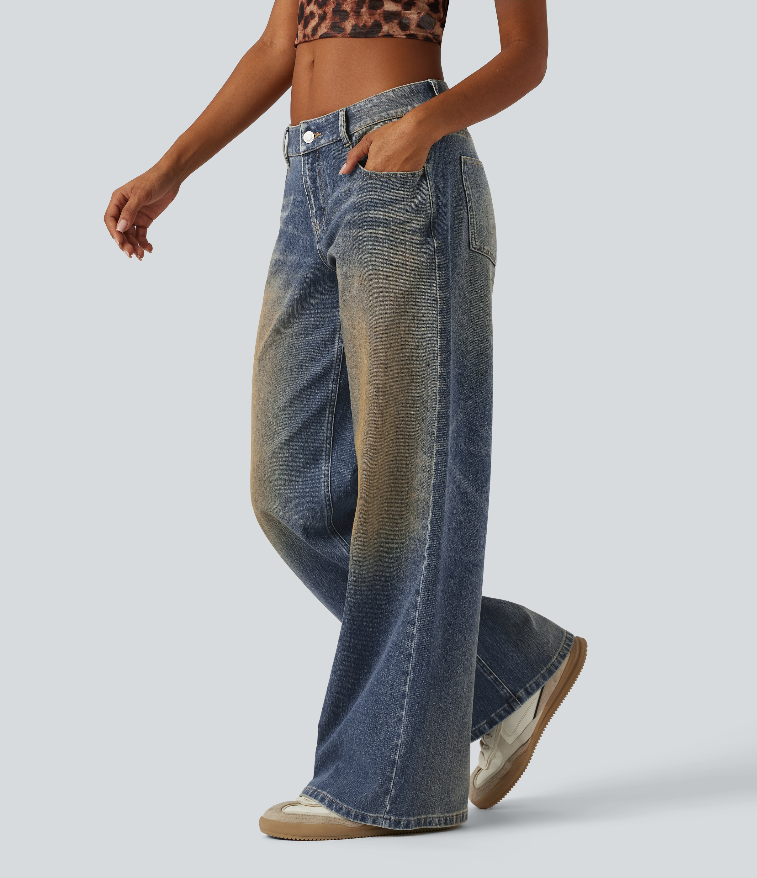 Halara Flex™ Low Rise Wide Leg Washed Casual Jeans with Pockets