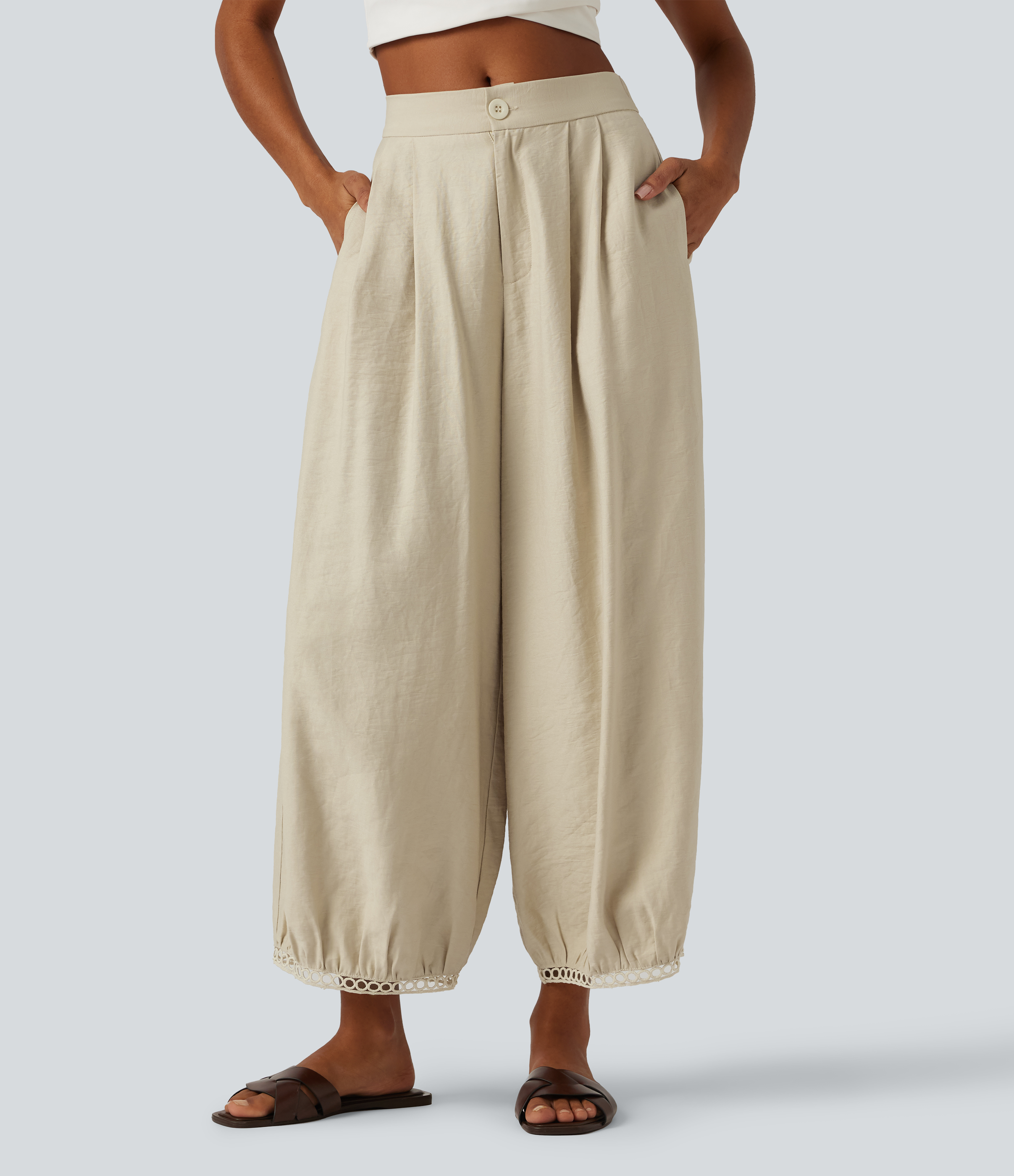Mid Rise Ladder Trim 7/8 Length Casual Barrel Leg Pants with Pockets