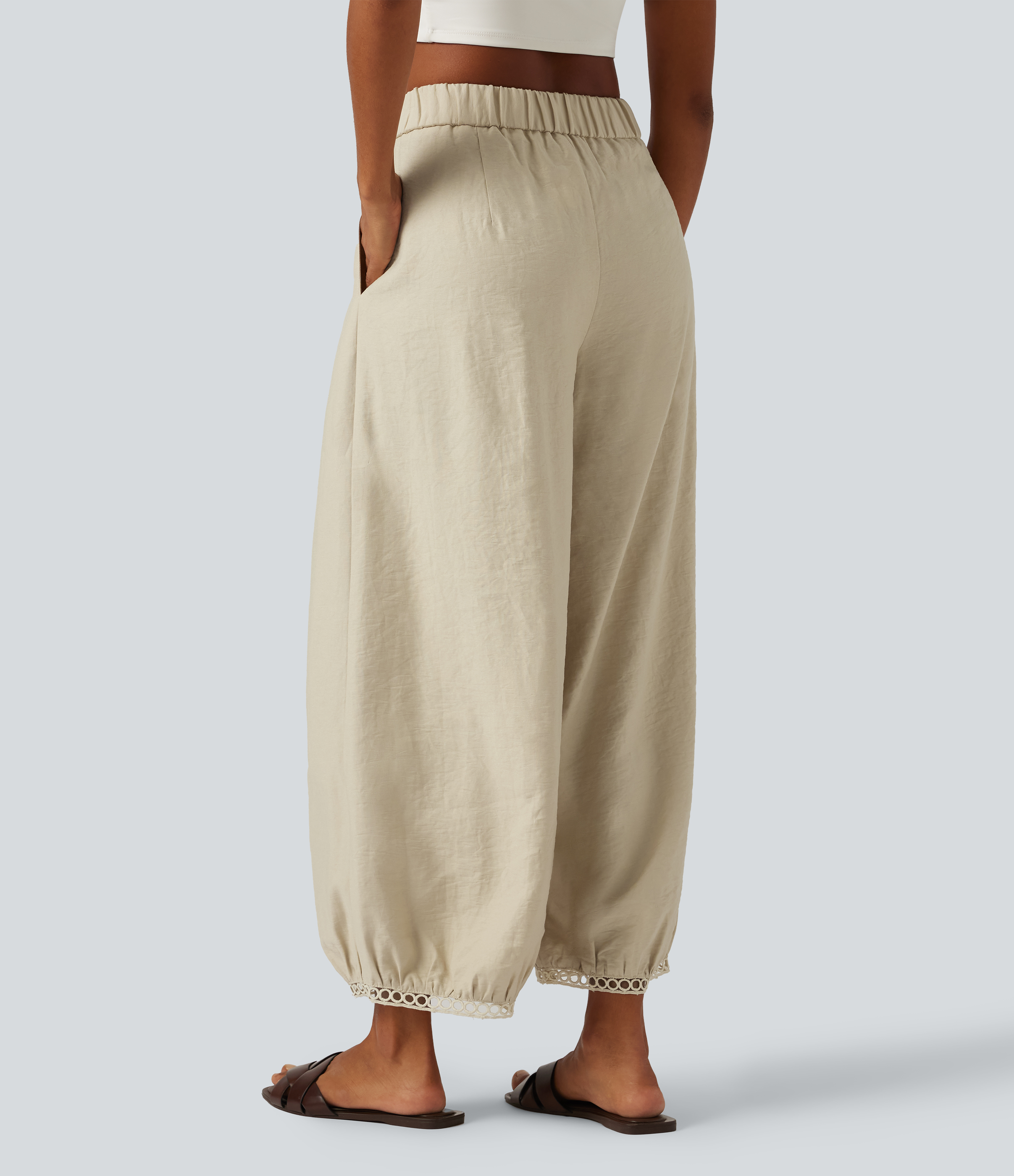 Putty Mid Rise Ladder Trim 7/8 Length Casual Barrel Leg Trousers with Pockets / 2