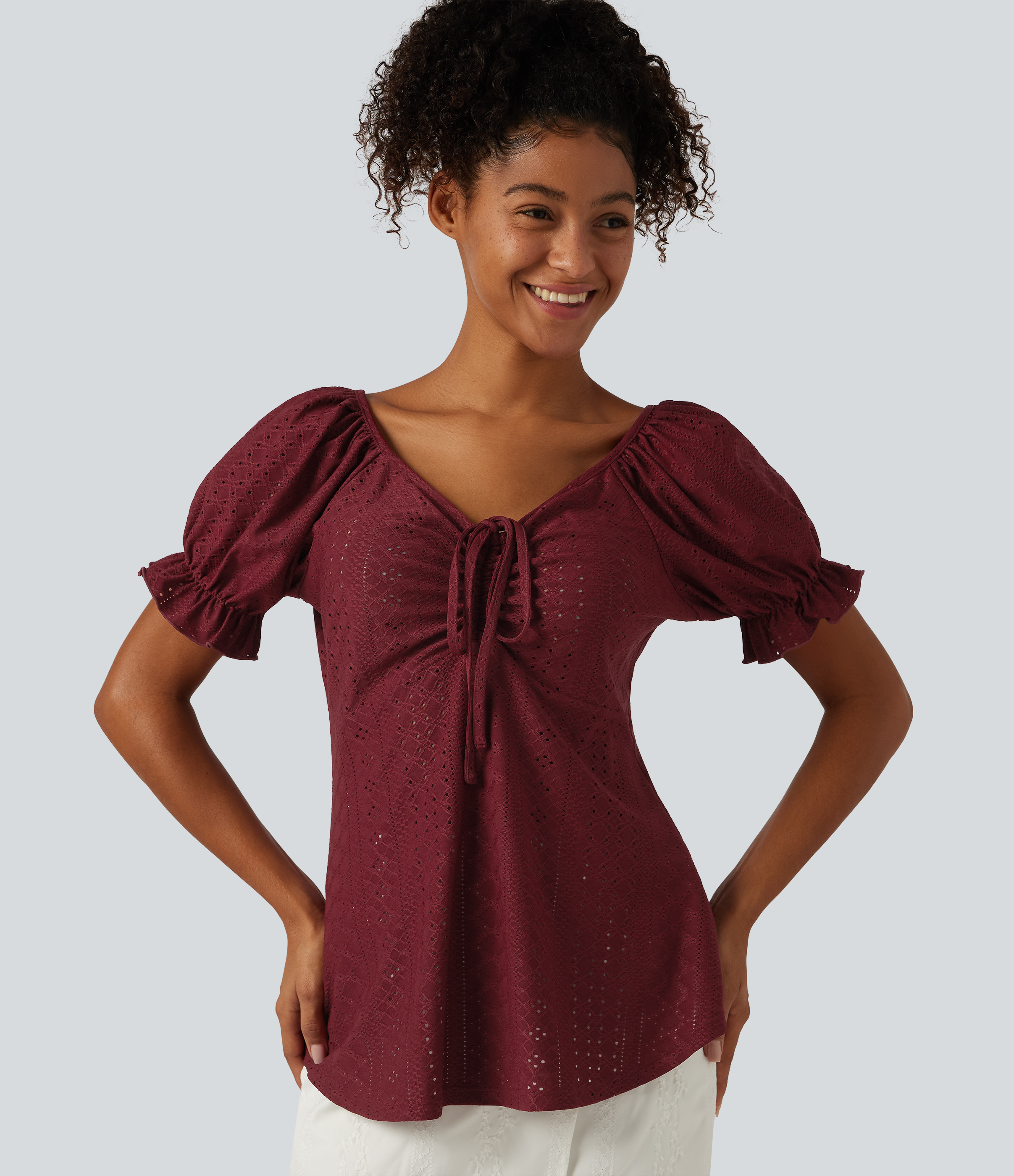 V Neck Puff Short Sleeve Lace Up Eyelet Casual Blouse