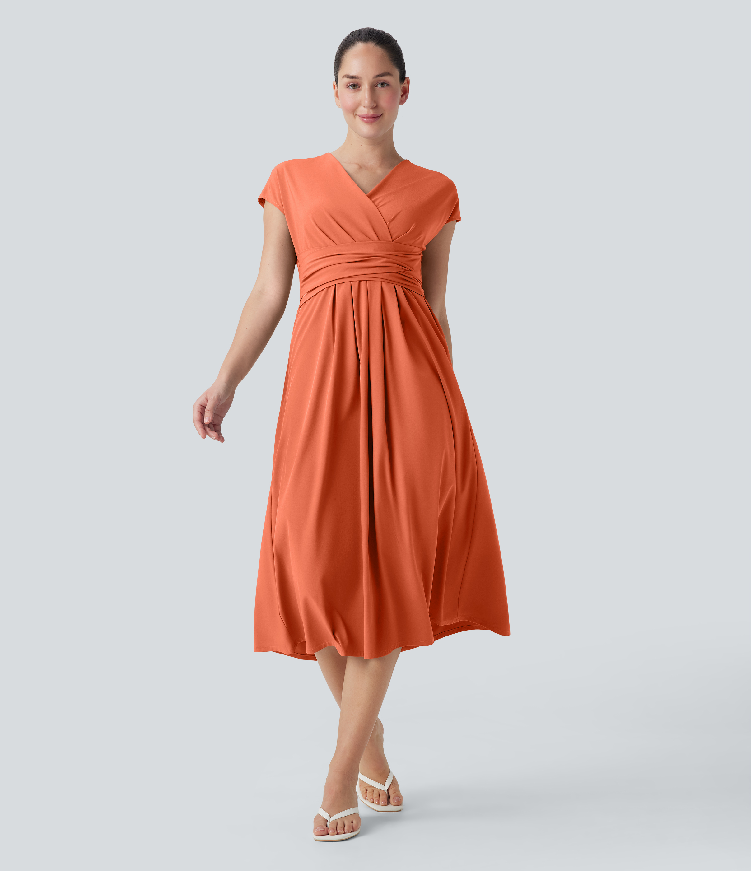 Breezeful™ V Neck Short Sleeve Pocket Tie Back Quick Dry Midi Casual Dress