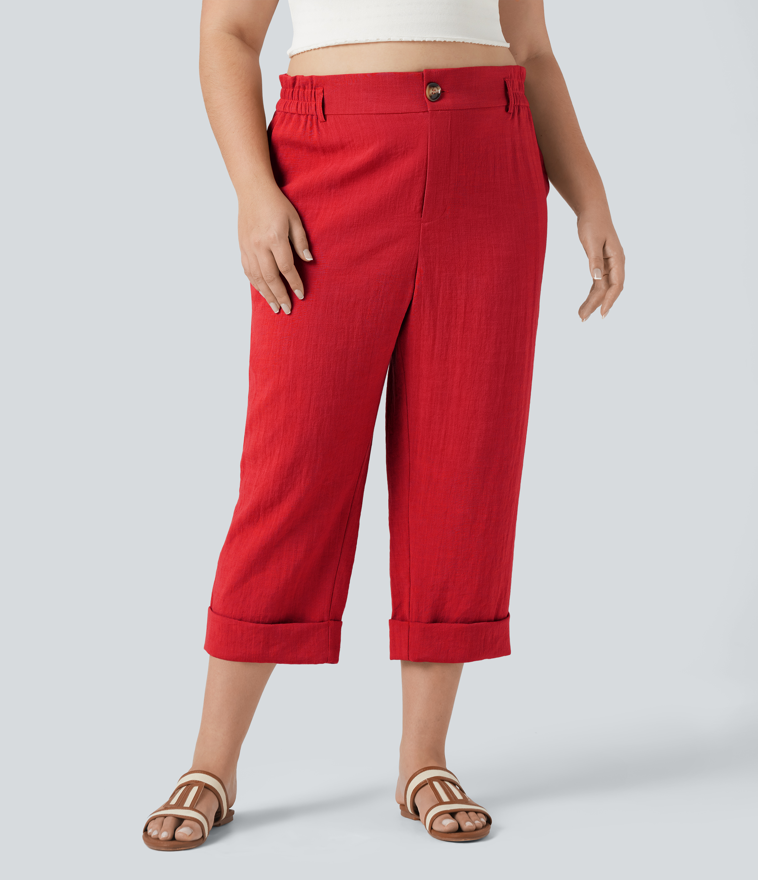 High Waisted Capri Linen-Feel Resort Plus Size Pants with Pockets