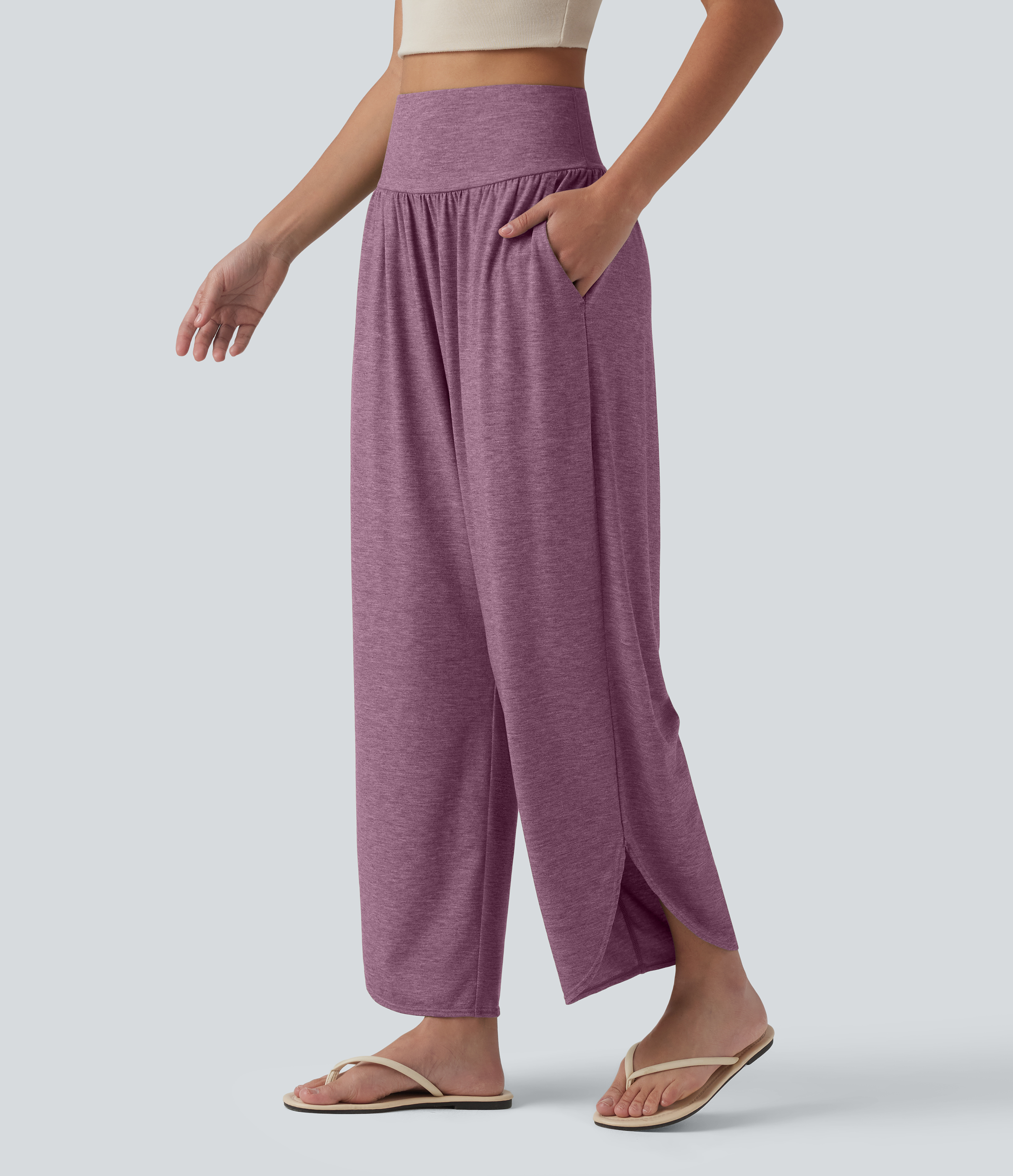 High Waisted Tummy Control Curved Hem Casual Pants with Pockets