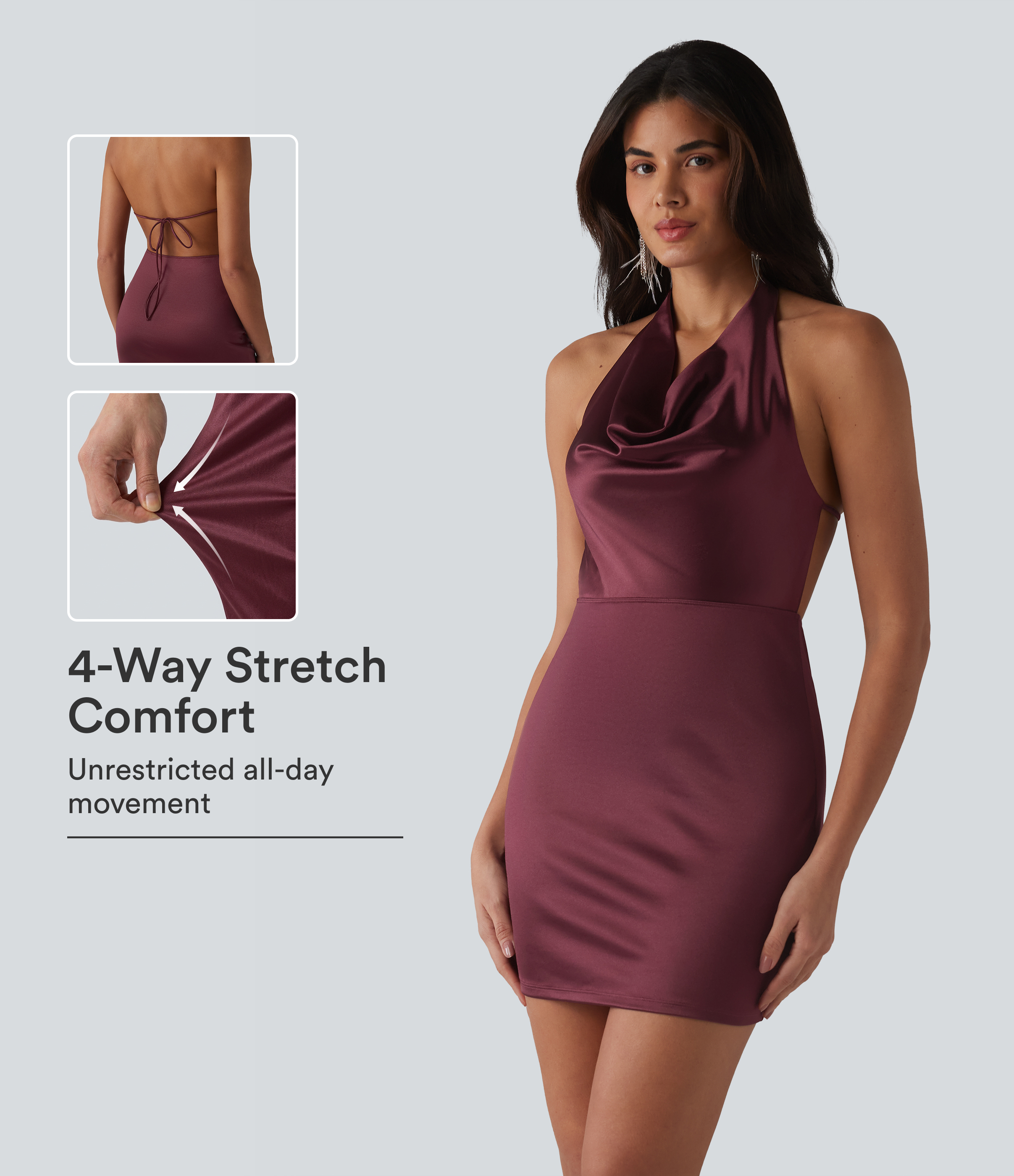 Robe mini moulante en satin pour soirée, col bénitier halter, dos nu à nouer