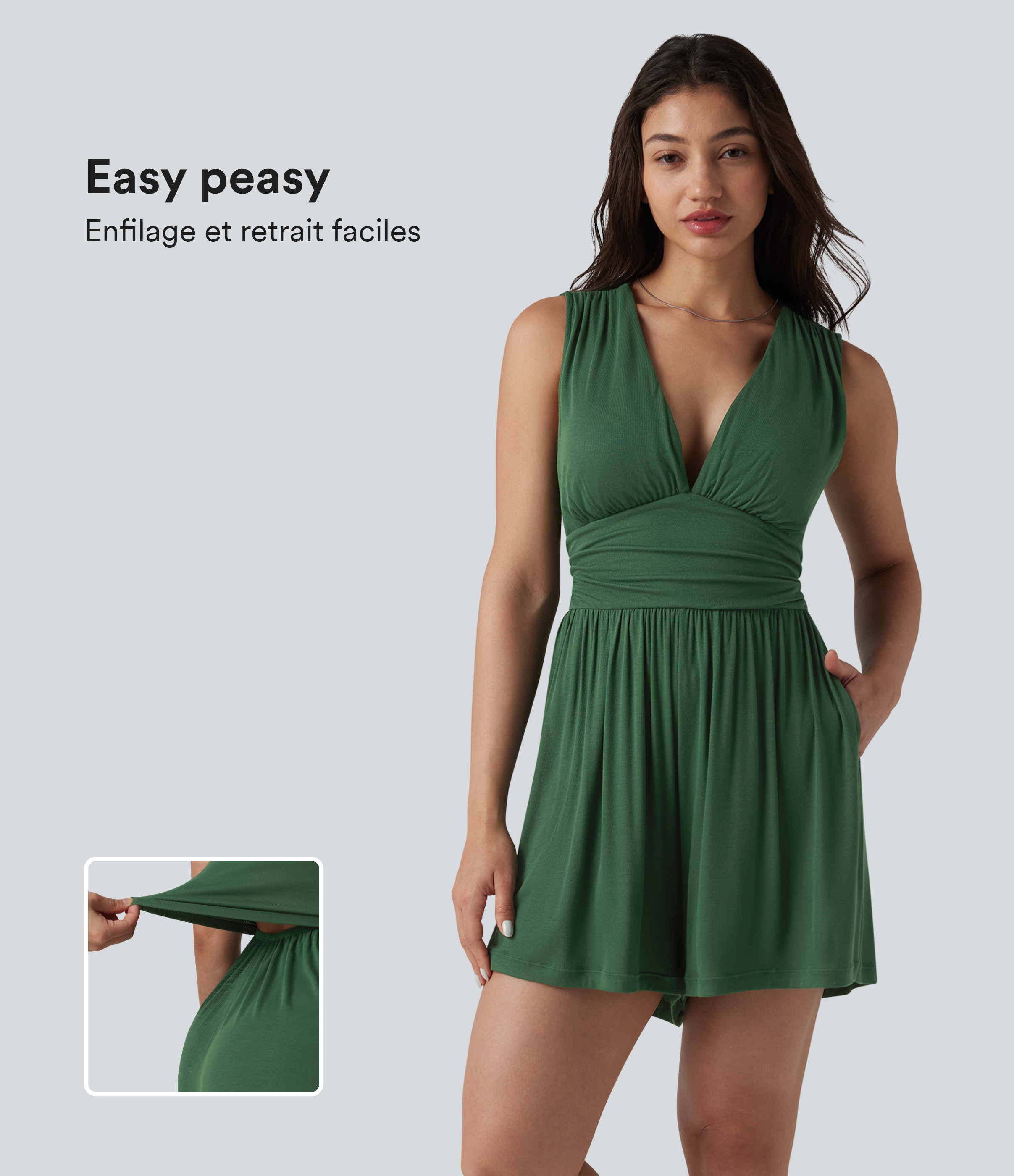 Combishort casual côtelé sans manches col V, fronces et soutien-gorge intégré, avec poches – Easy Peasy