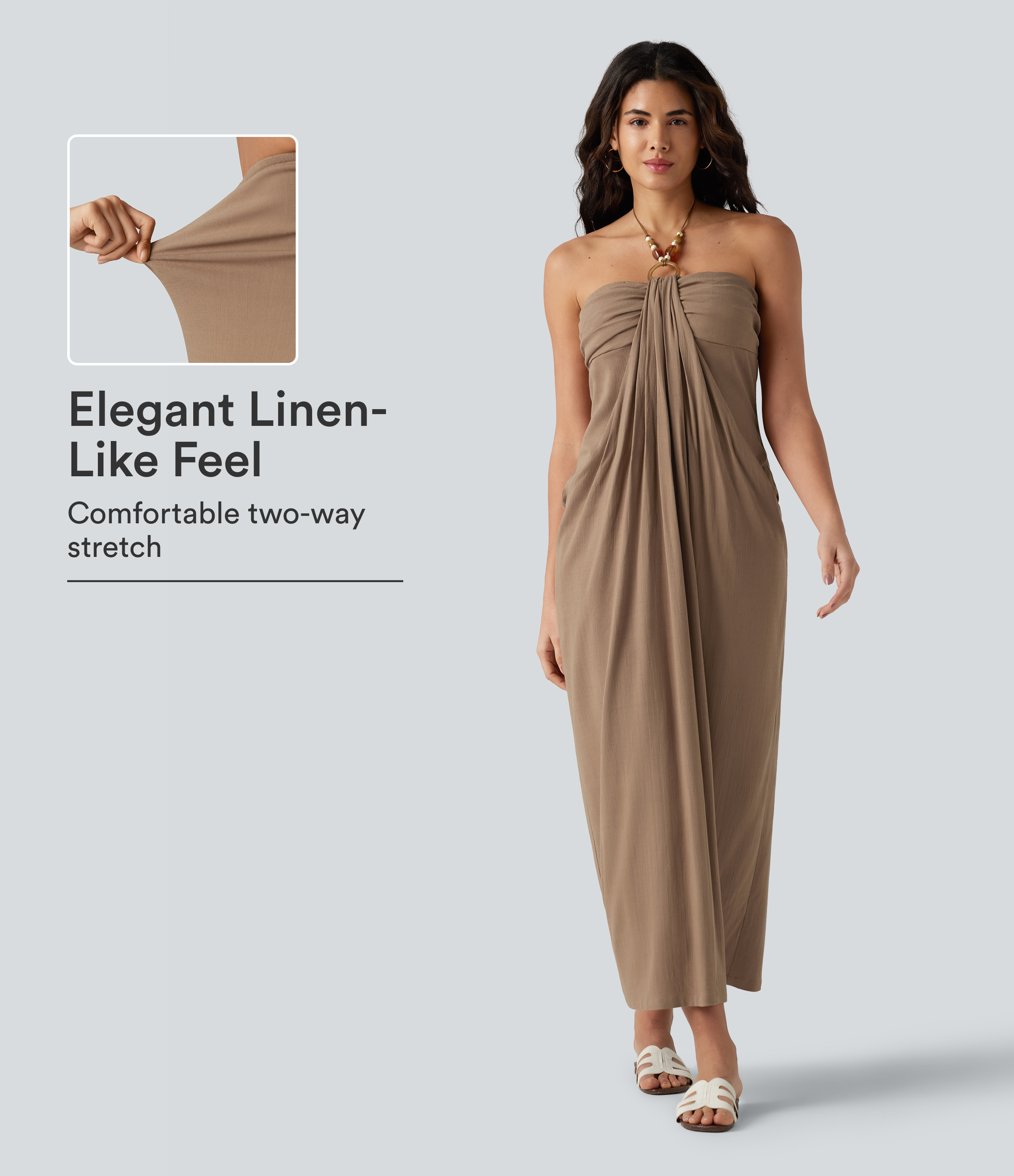 Halter Tie Back Built-in Bra Maxi Resort Linen-Feel Dress with Pockets