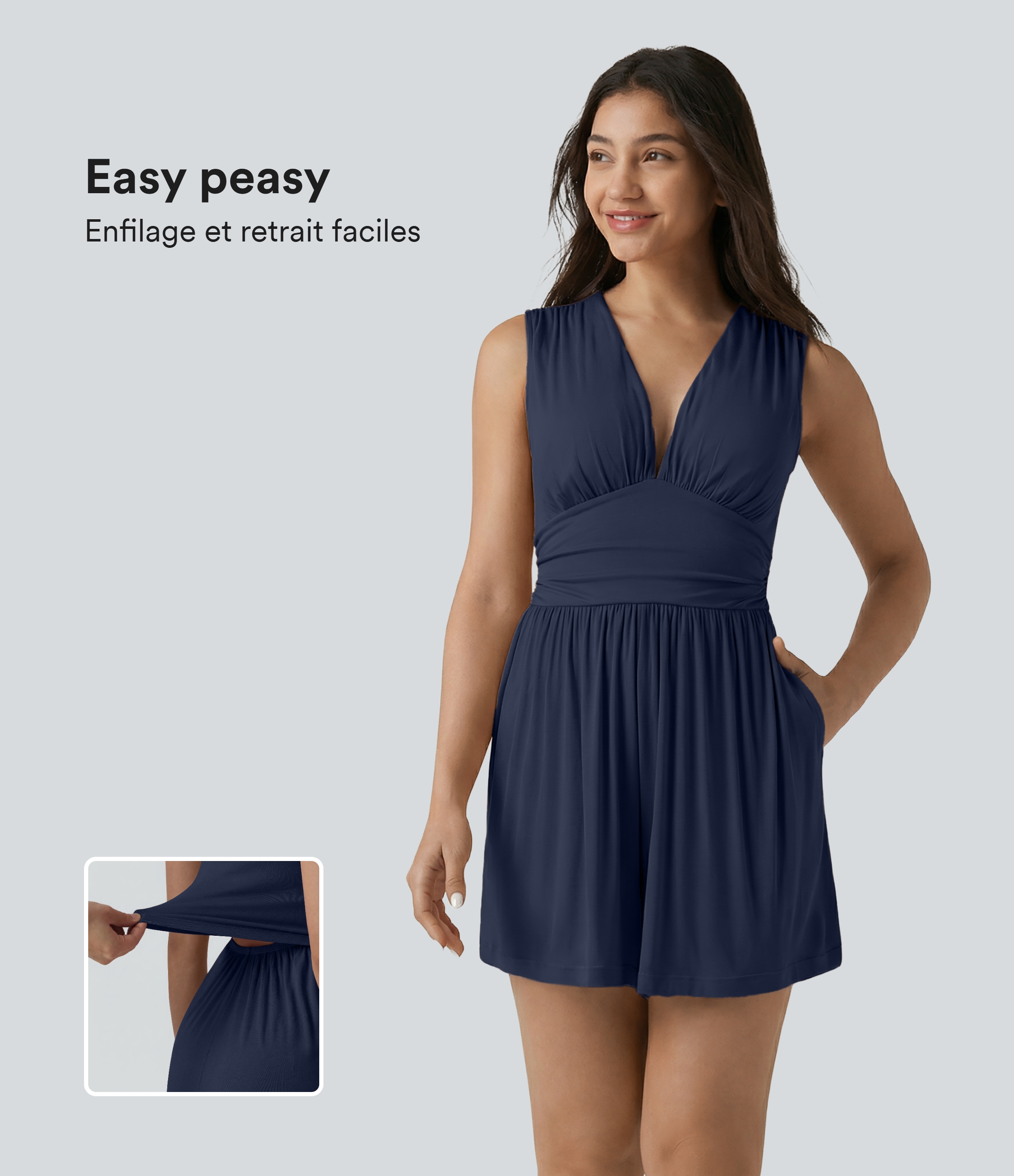 Combishort casual côtelé sans manches col V, fronces et soutien-gorge intégré, avec poches – Easy Peasy