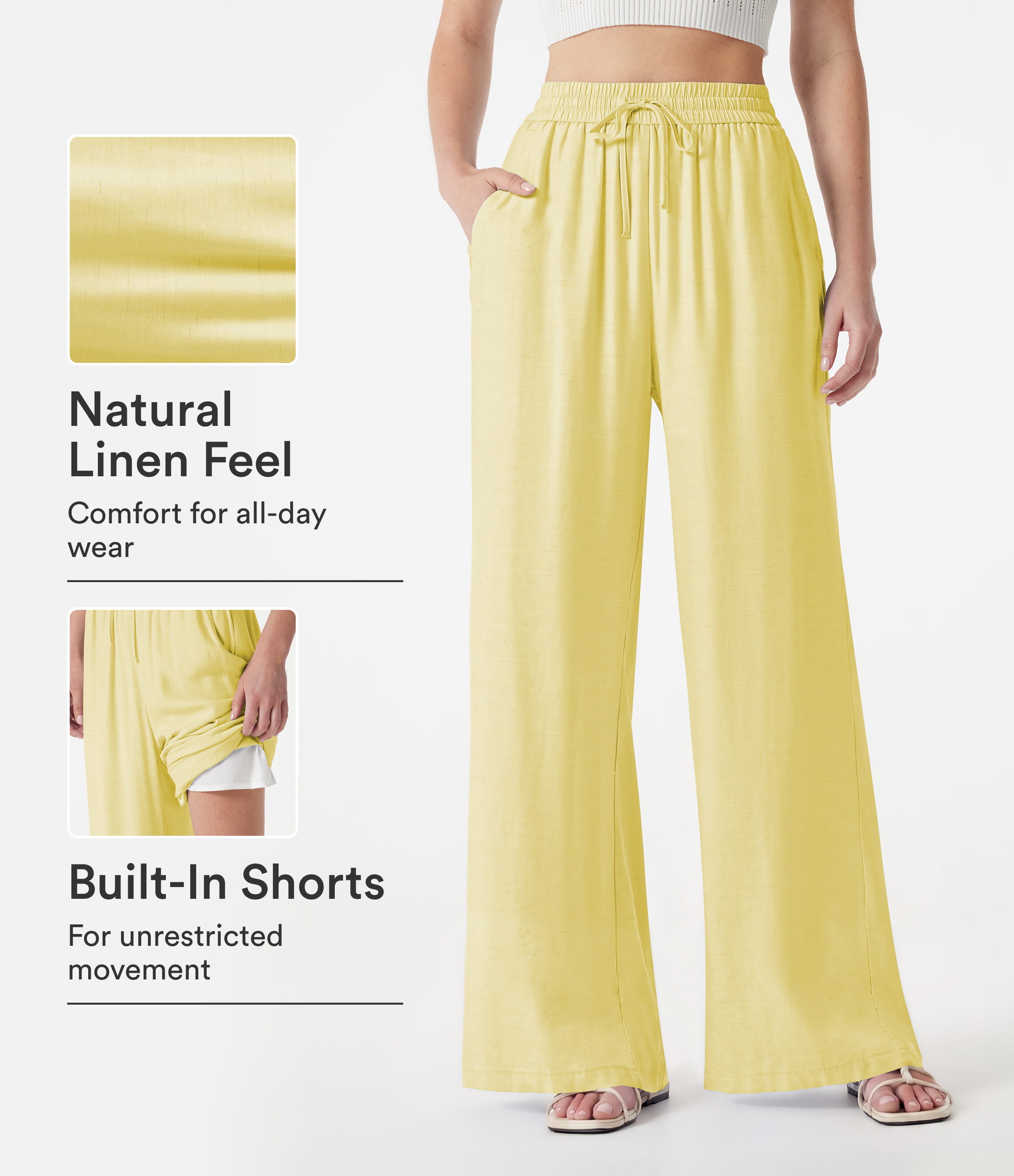 High Waisted Drawstring 2-in-1 Wide Leg Casual Linen-Blend Pants with Pockets