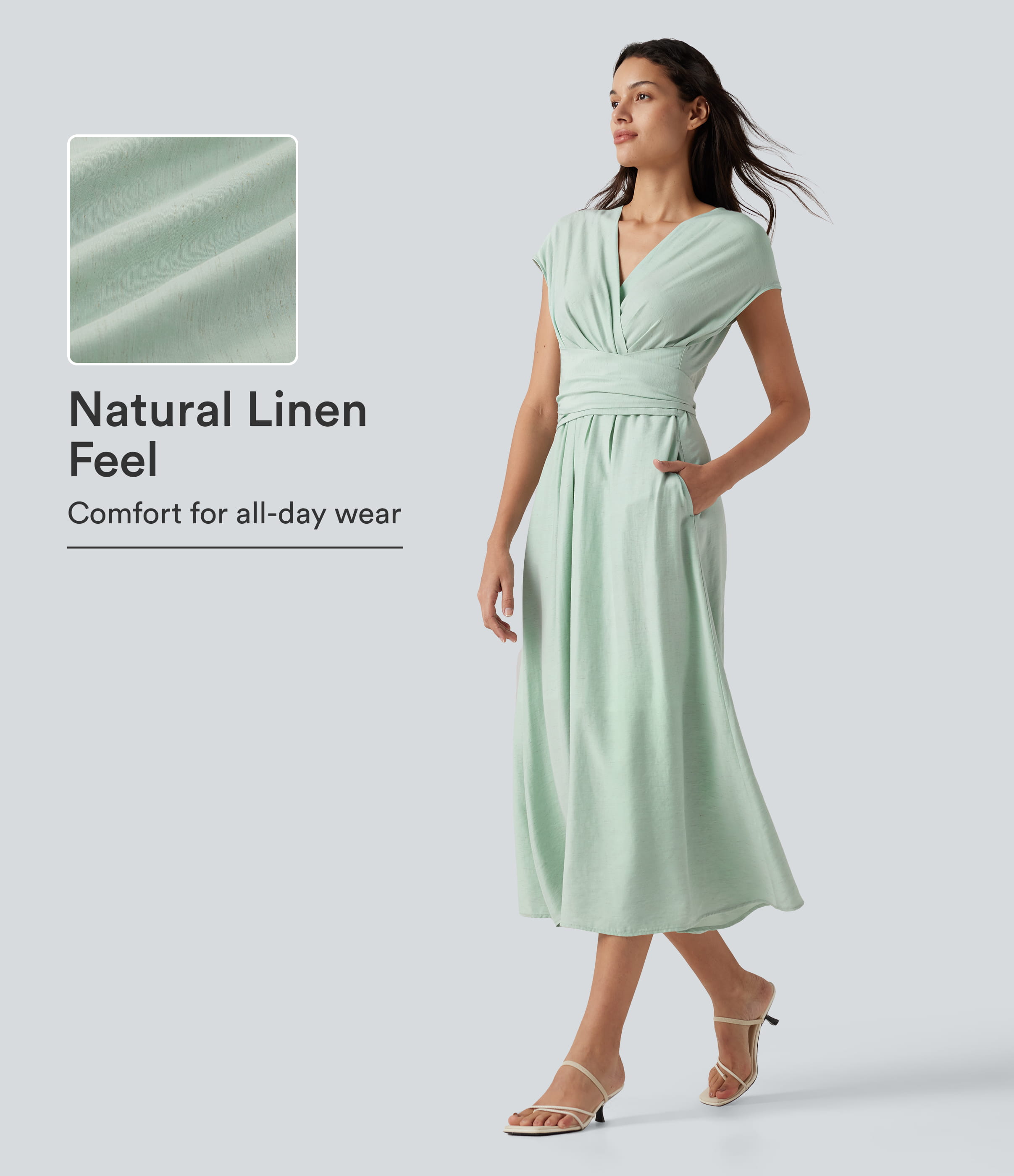 V Neck Short Sleeve Tie Back Midi Casual Linen-Blend Flowy Dress with Pockets